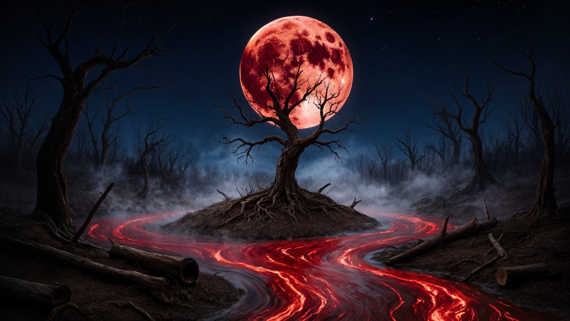 Haunting Landscape with Gnarled Tree and Lava River