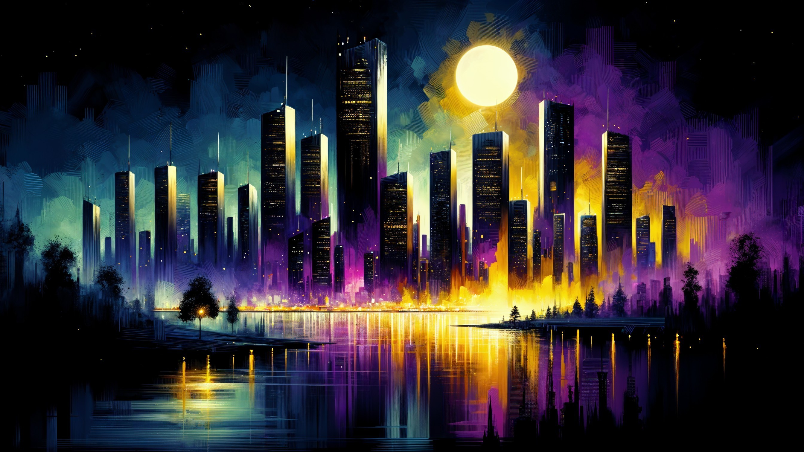 Twilight City Skyline with Colorful Lights and River