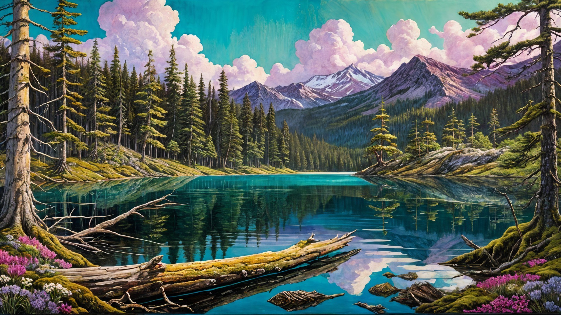 Serene Landscape with Lake, Mountains, and Wildflowers