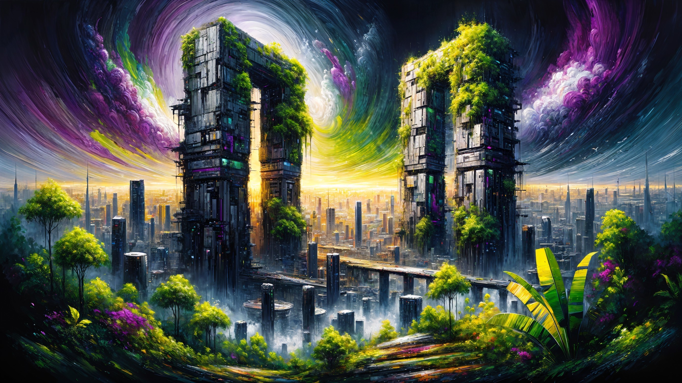 Surreal Landscape with Futuristic Structures and Nature