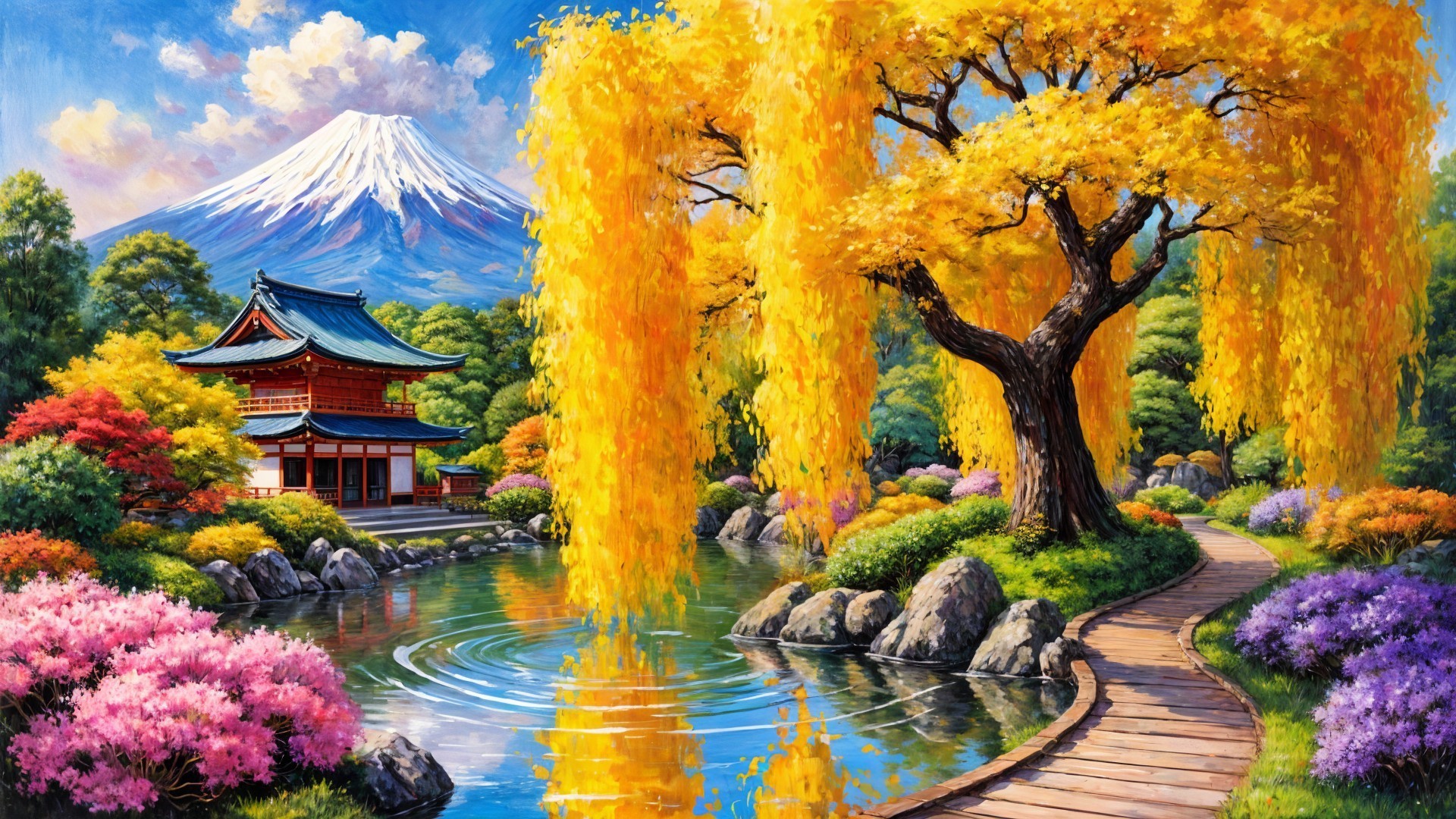 Japanese Pagoda Surrounded by Autumn Foliage and Fuji