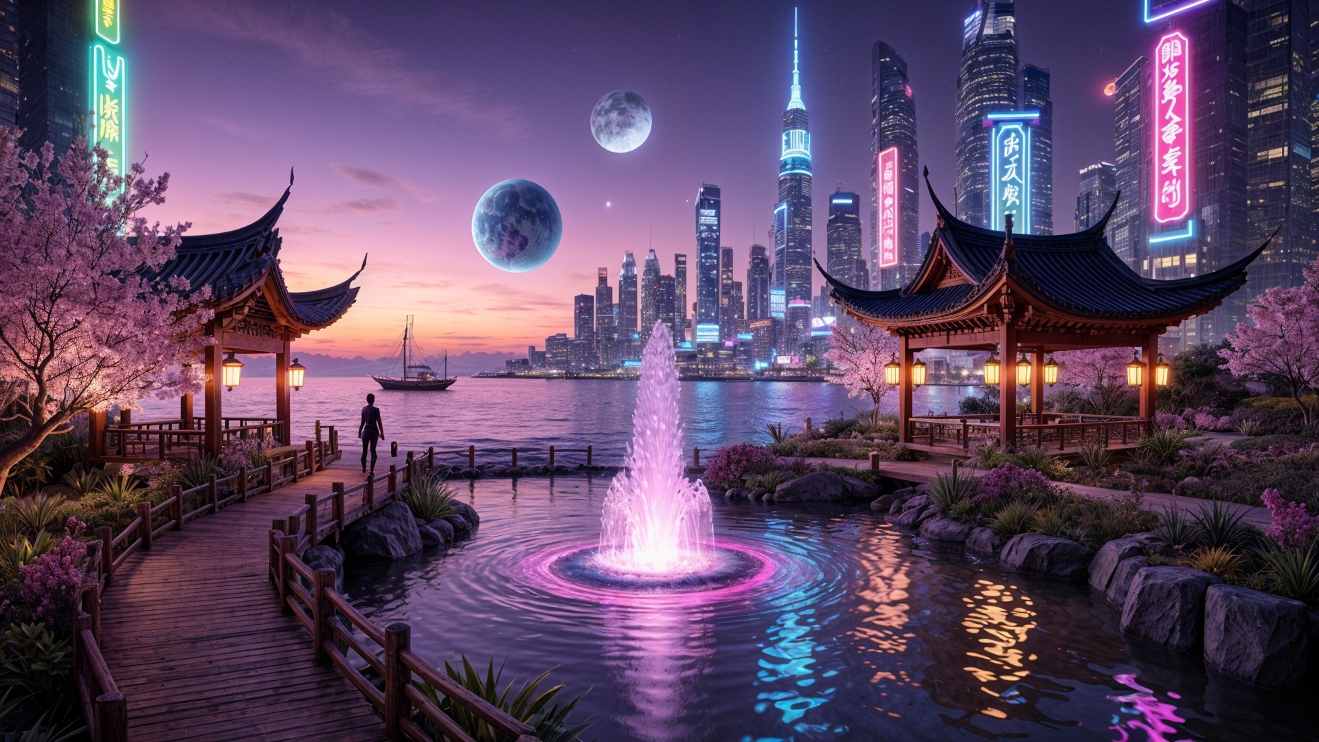 Futuristic City Skyline with Neon Lights and Moons