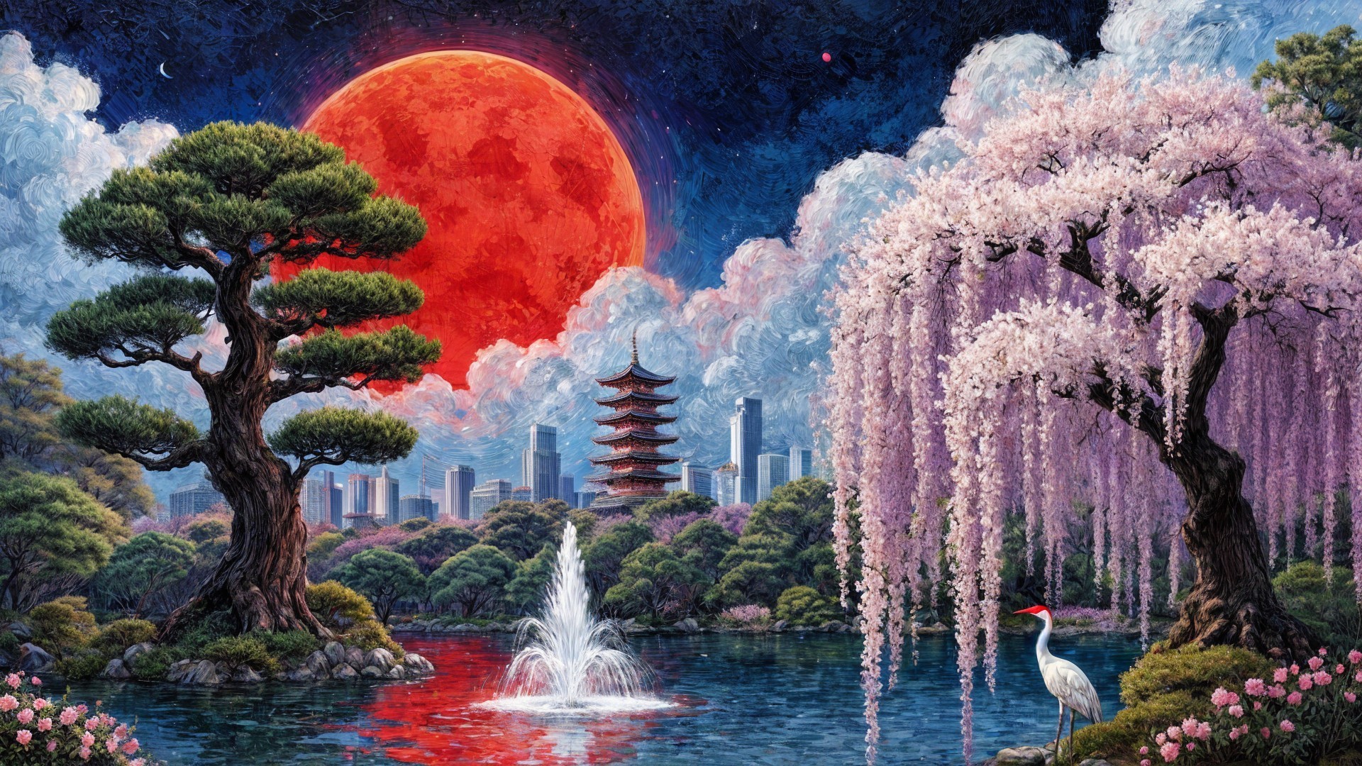 Vibrant landscape with pond, cherry blossoms, and pagoda