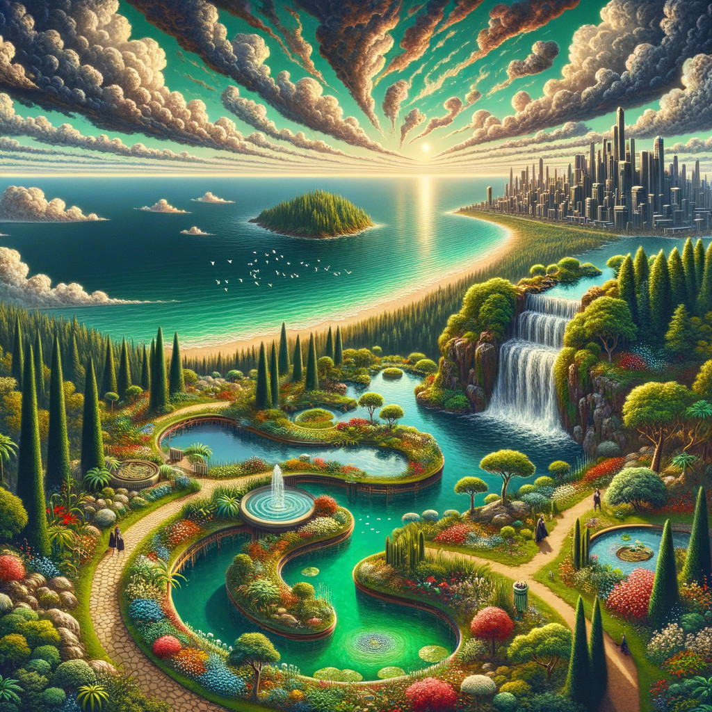 Vibrant landscape with waterfalls, river, colorful trees, city skyline, and dramatic clouds at