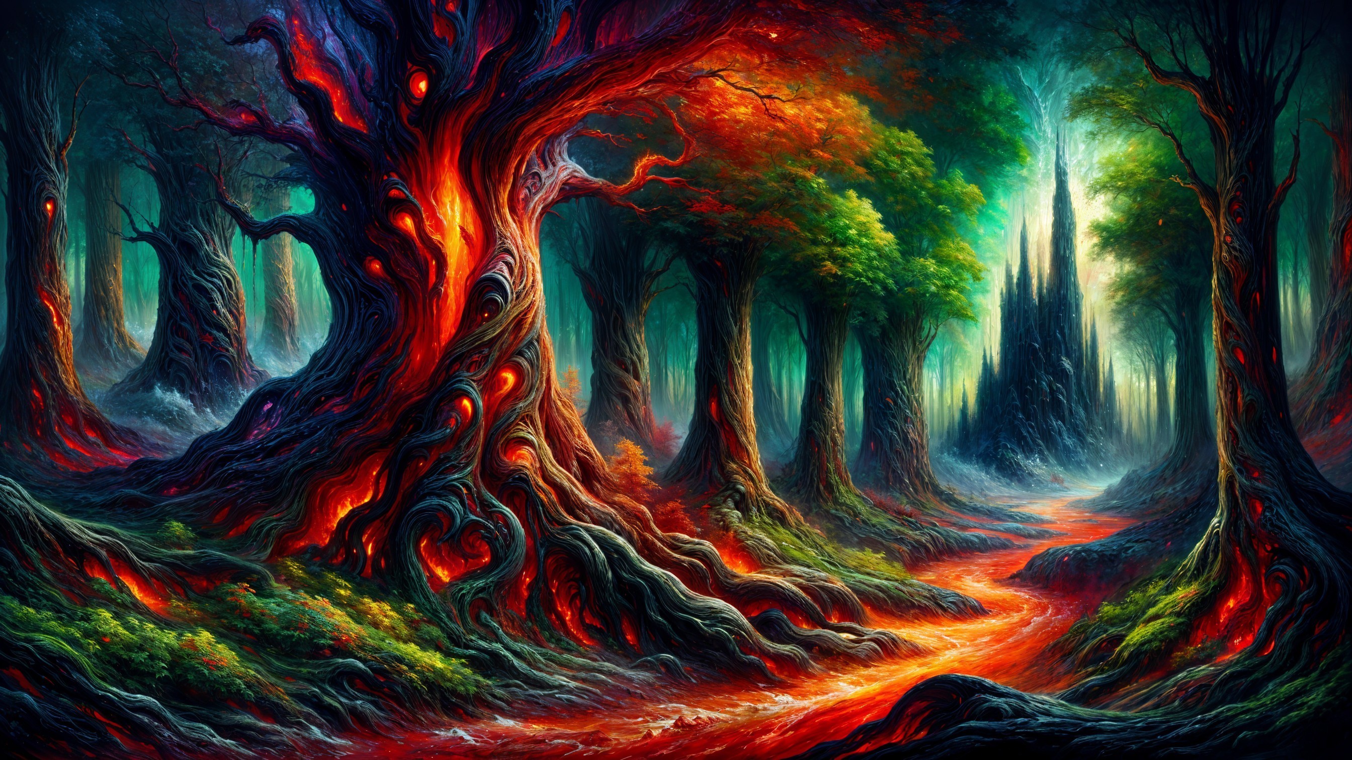 Mystical forest with glowing trees and dark spire