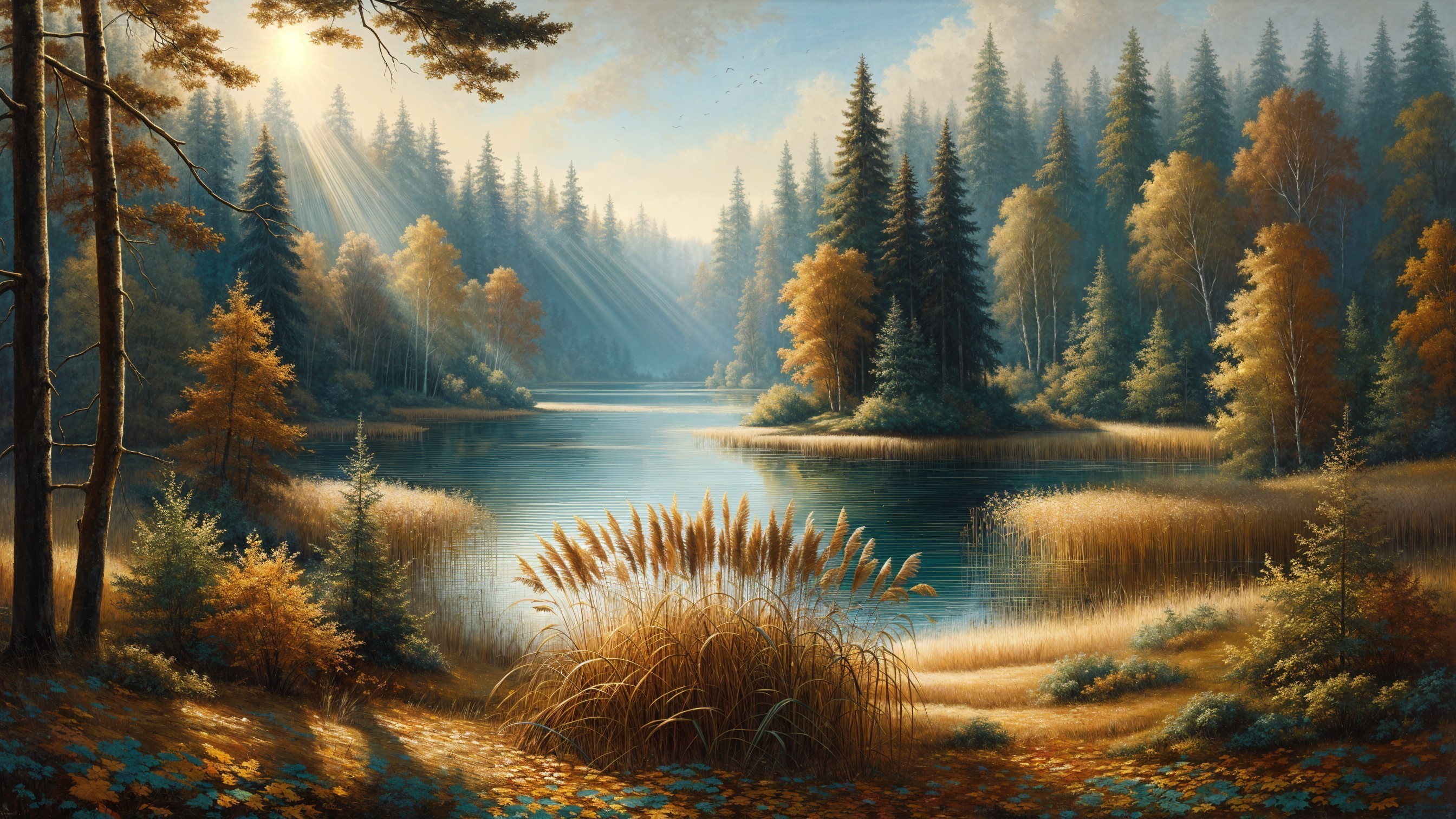 Tranquil Lake Surrounded by Autumn Foliage and Pines
