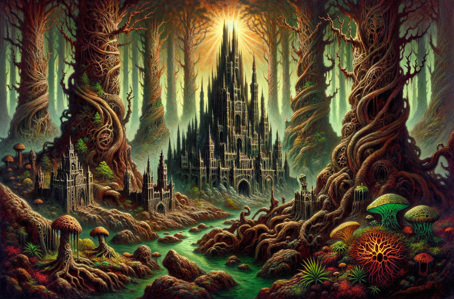 Mystical Forest with Twisted Trees and Castle Scene