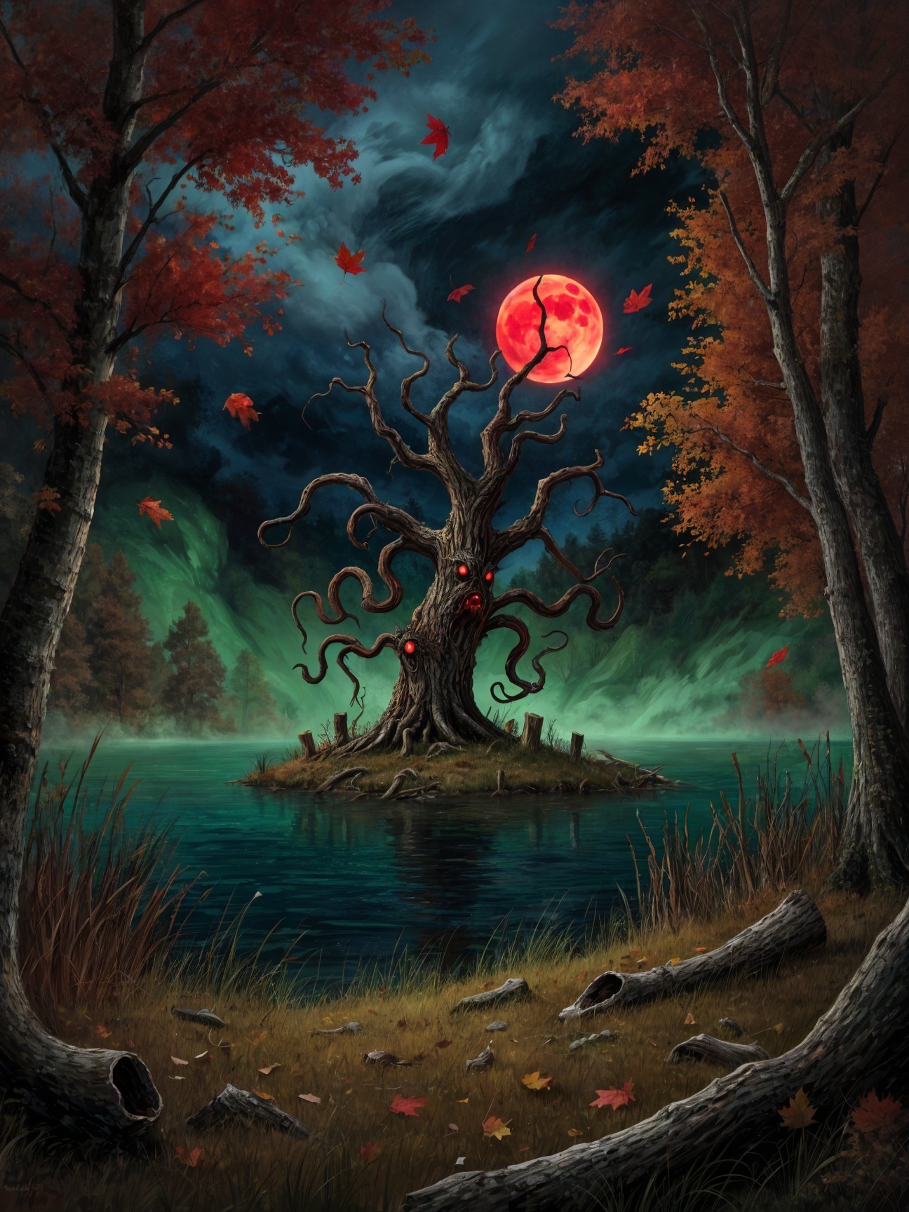 Gnarled Tree with Red Eyes on a Dark Lake Island
