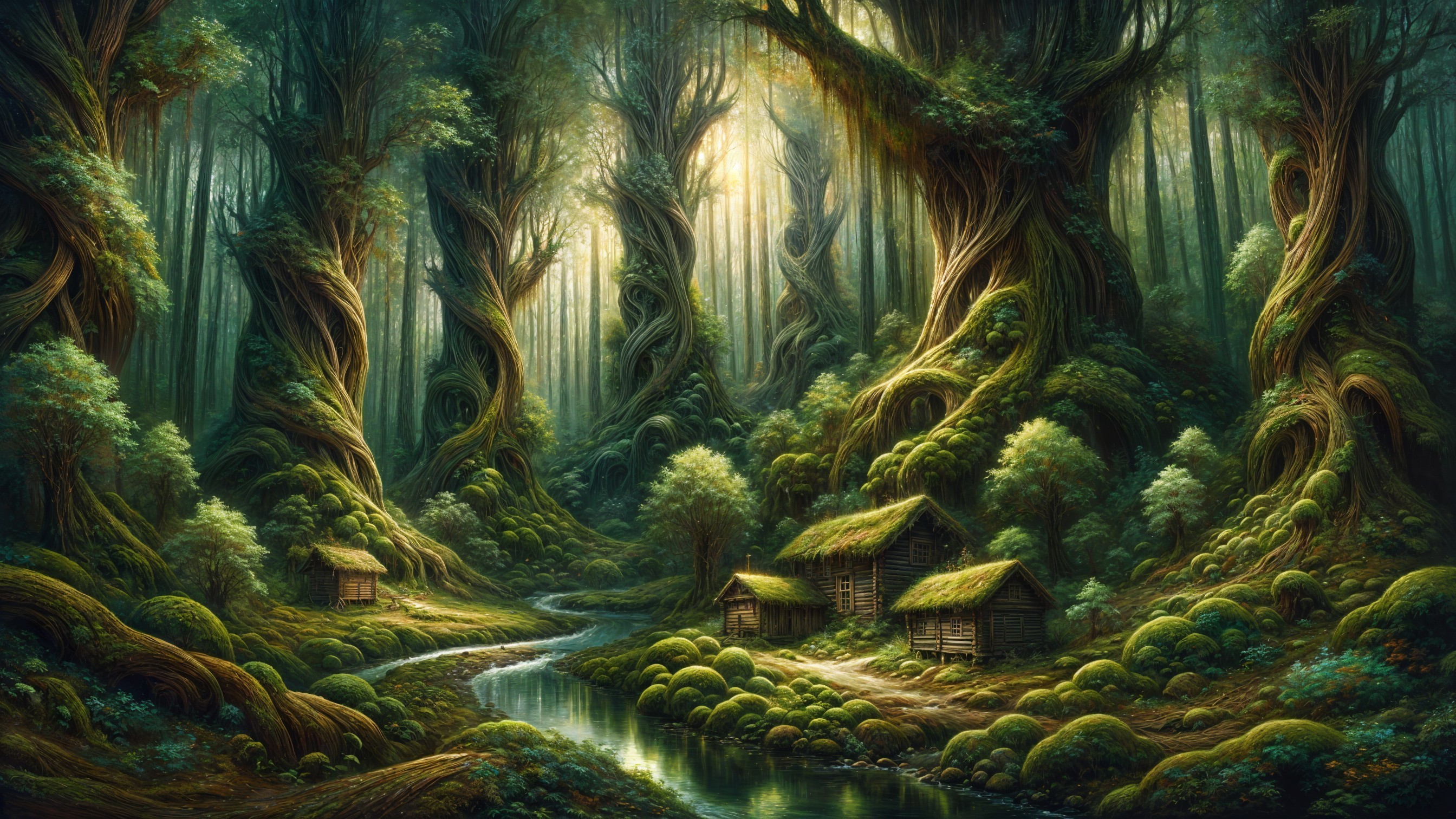 Mystical forest with oversized trees and serene river