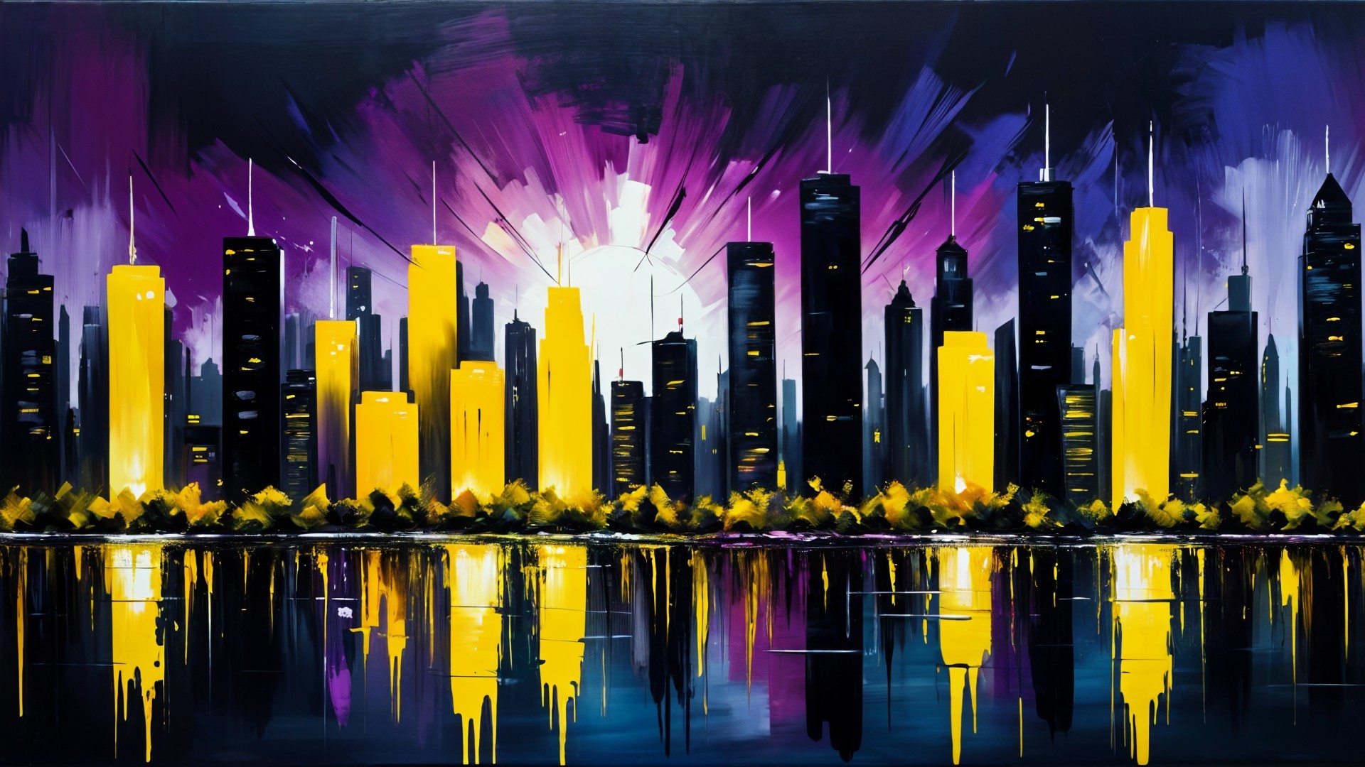 Vibrant City Skyline at Sunset with Skyscrapers