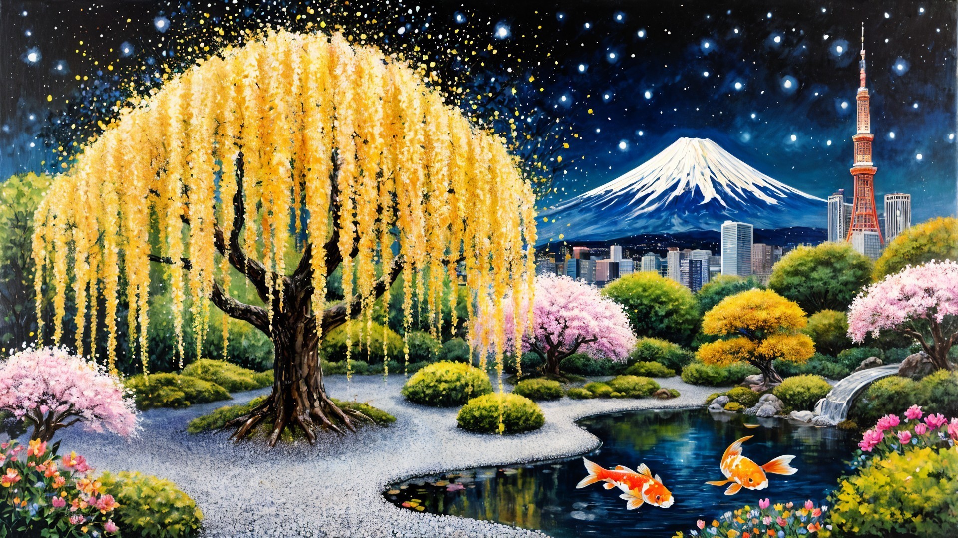 Vibrant Nighttime Garden Landscape with Mount Fuji