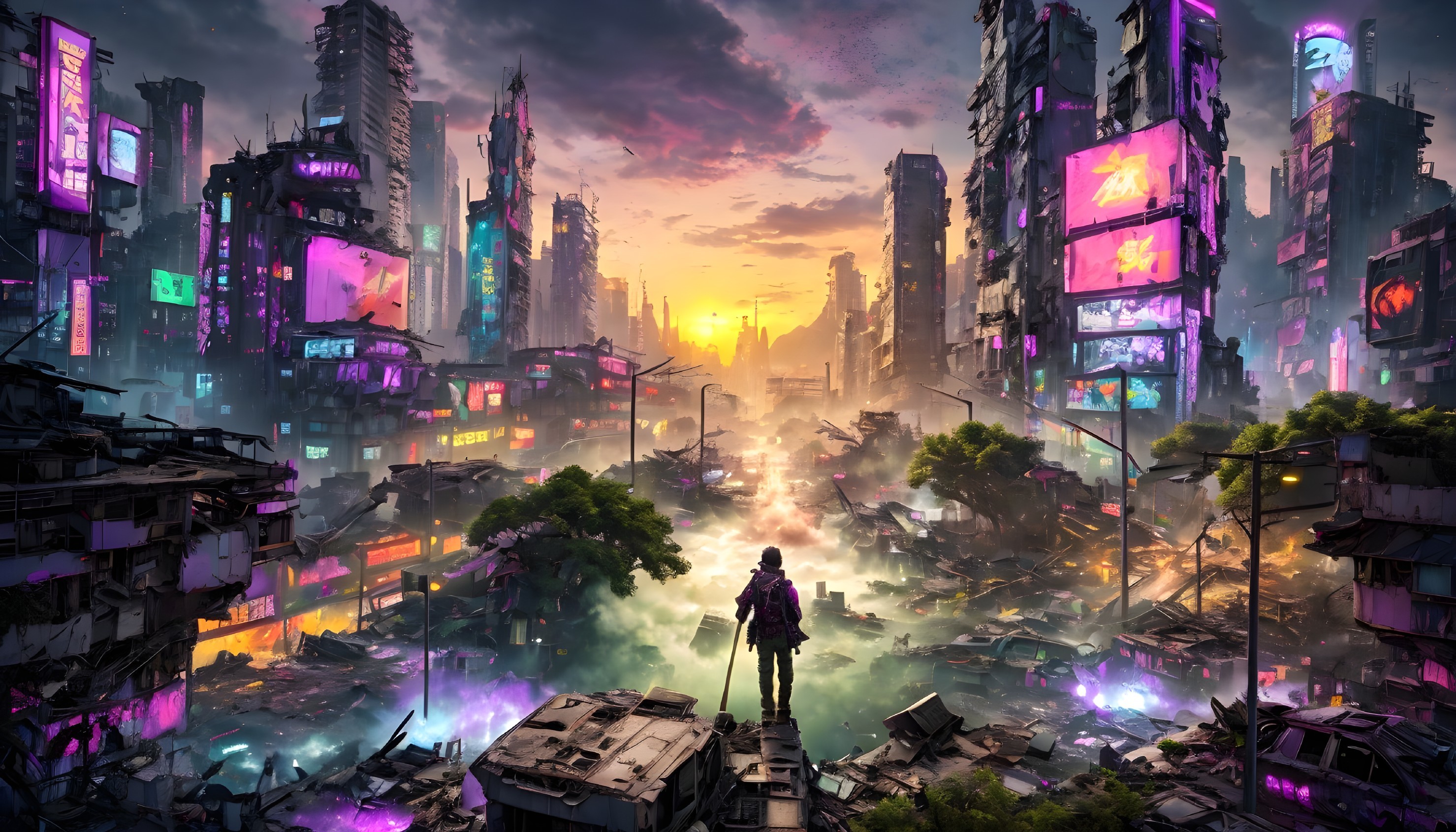 Lone Figure Overlooking Futuristic City at Sunset