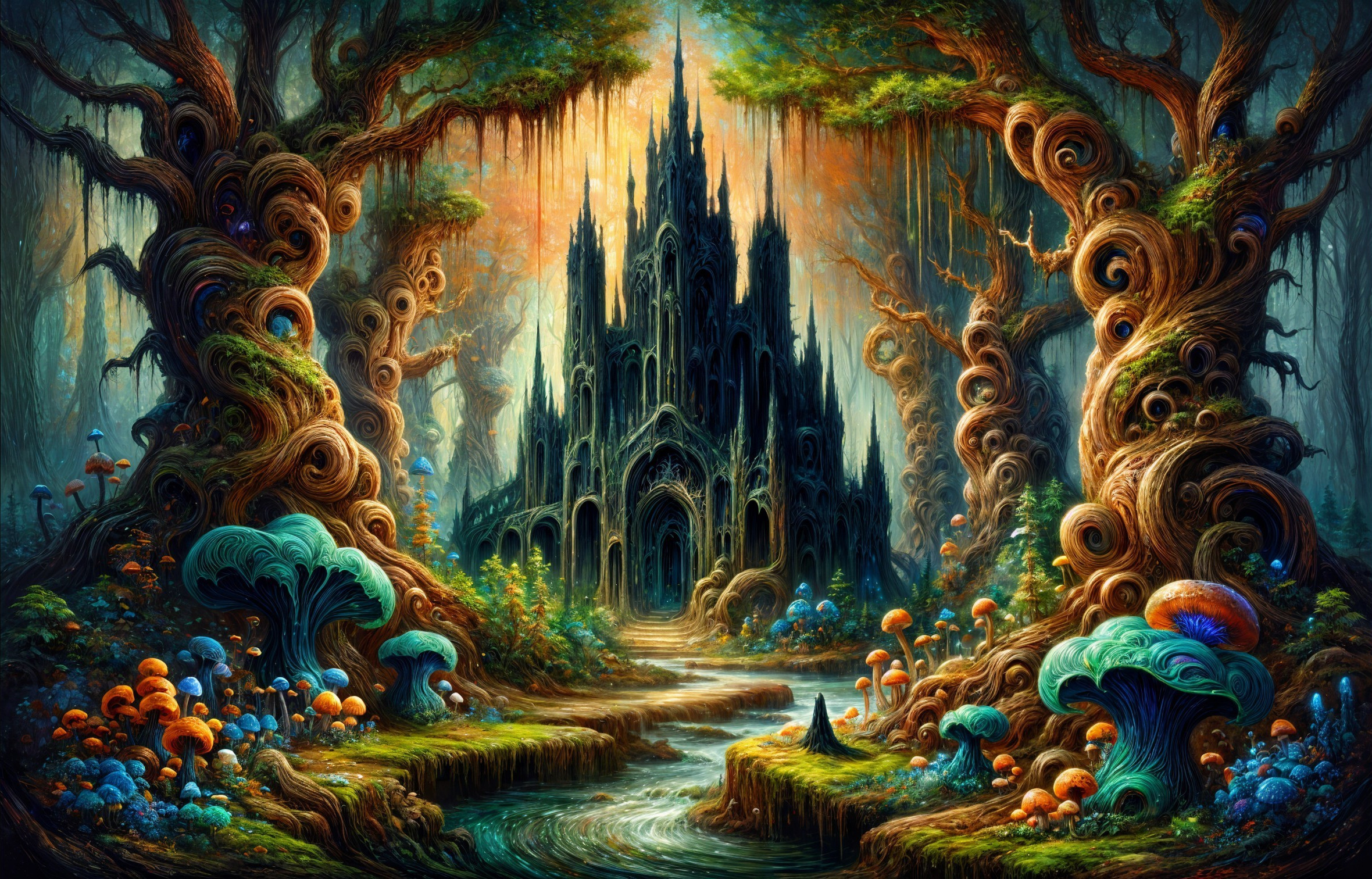 Mystical forest with vibrant trees and dark castle
