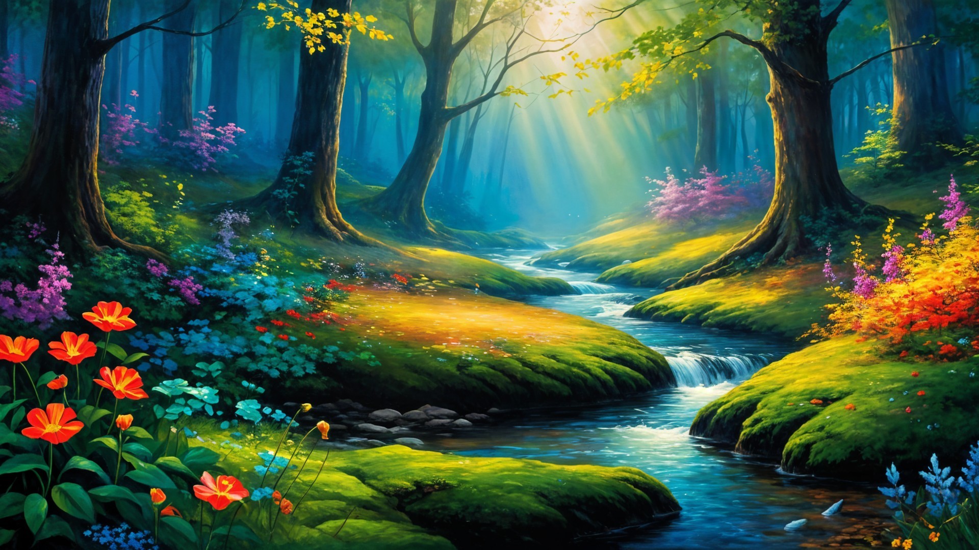 Vibrant Forest Scene with Sunlight and Colorful Flowers