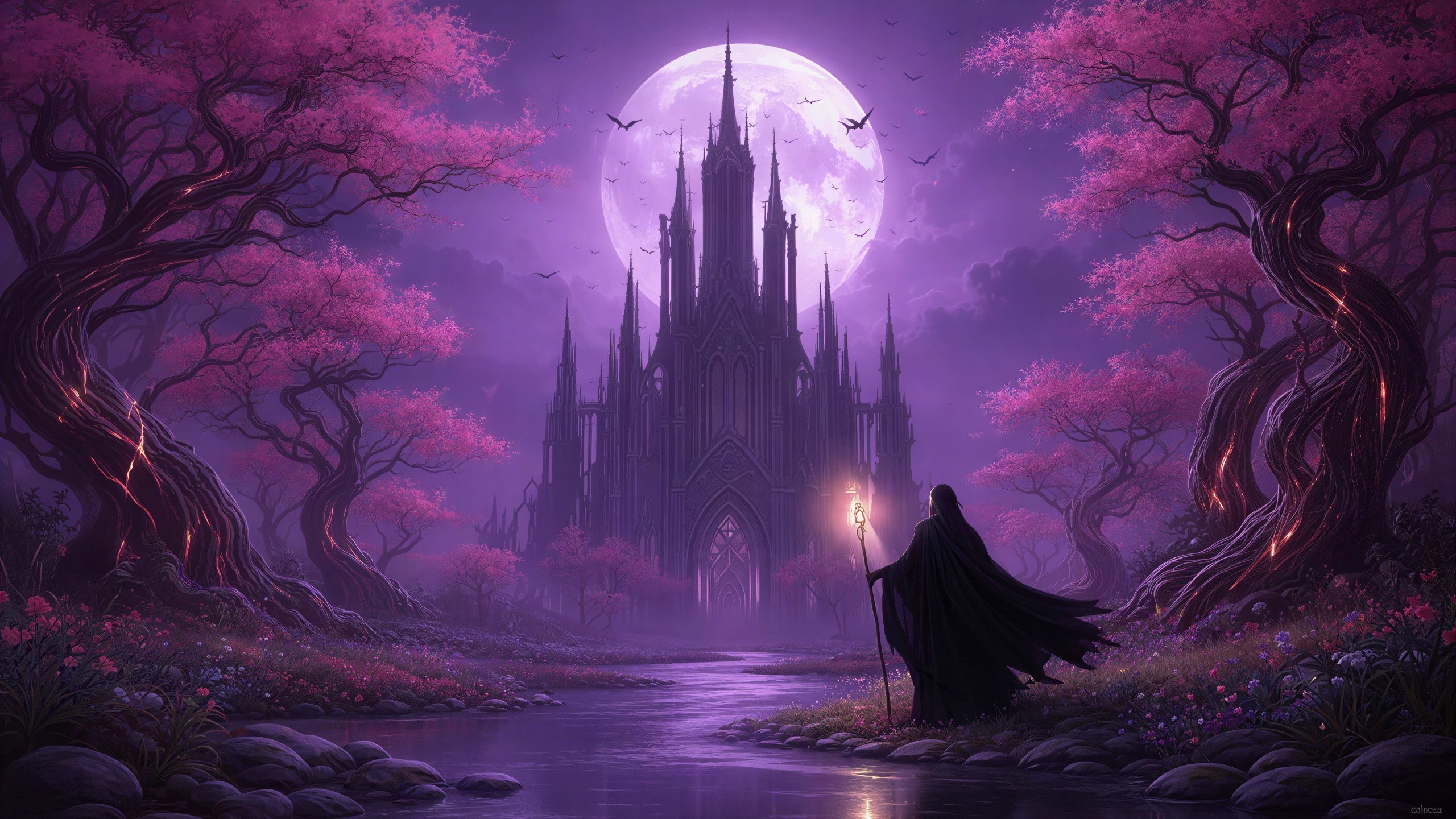 Hooded Figure by Purple River Near Dark Castle