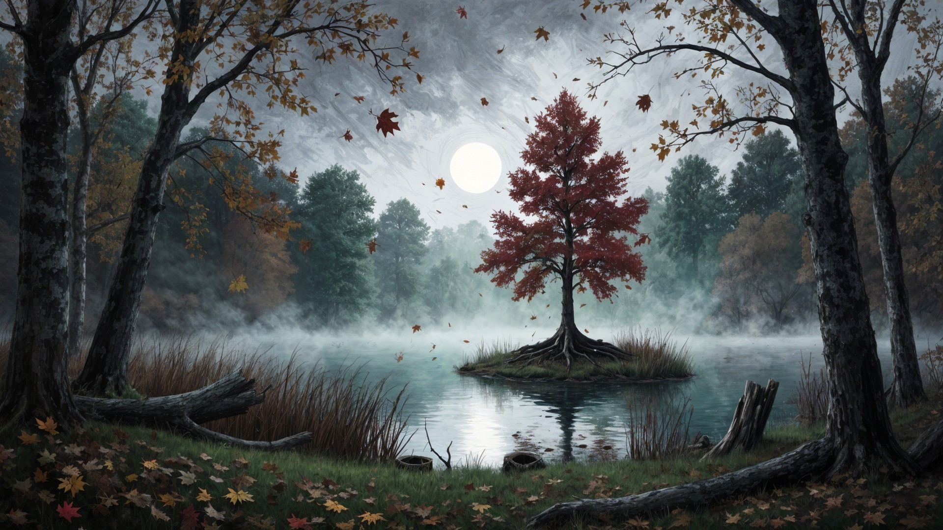 Serene Landscape with Red Tree on Misty Lake