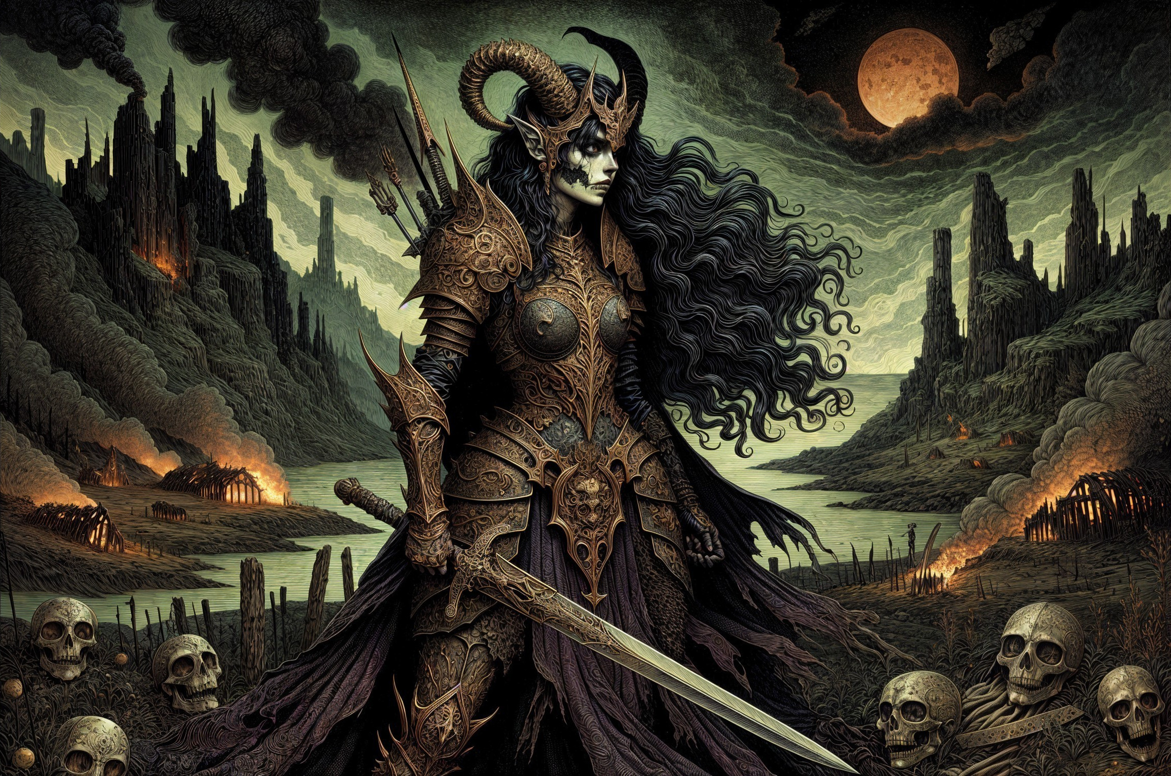 Armored Figure in Dark Fantasy Landscape with Skulls