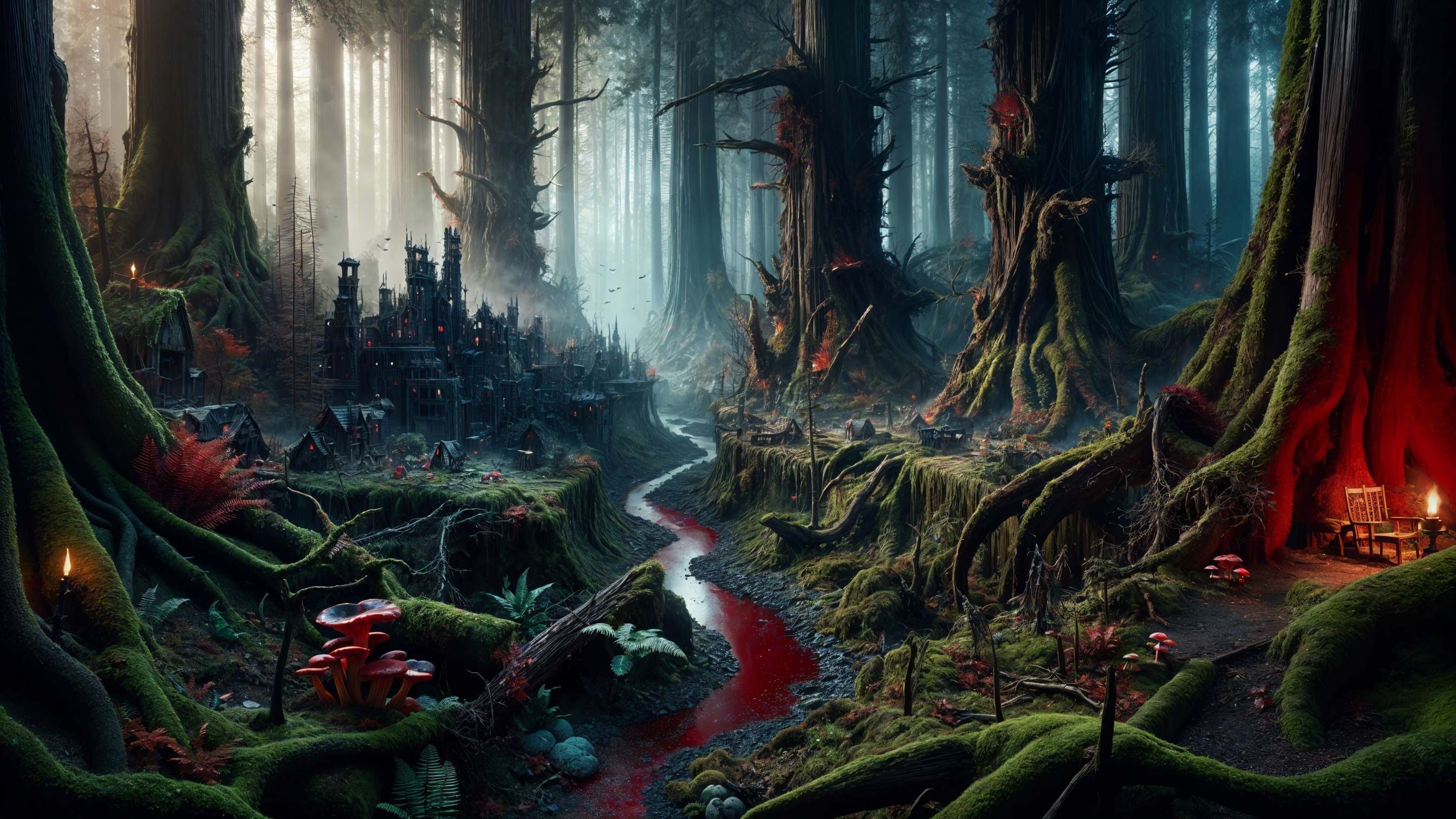Mystical Forest with Ancient Trees and Dark River