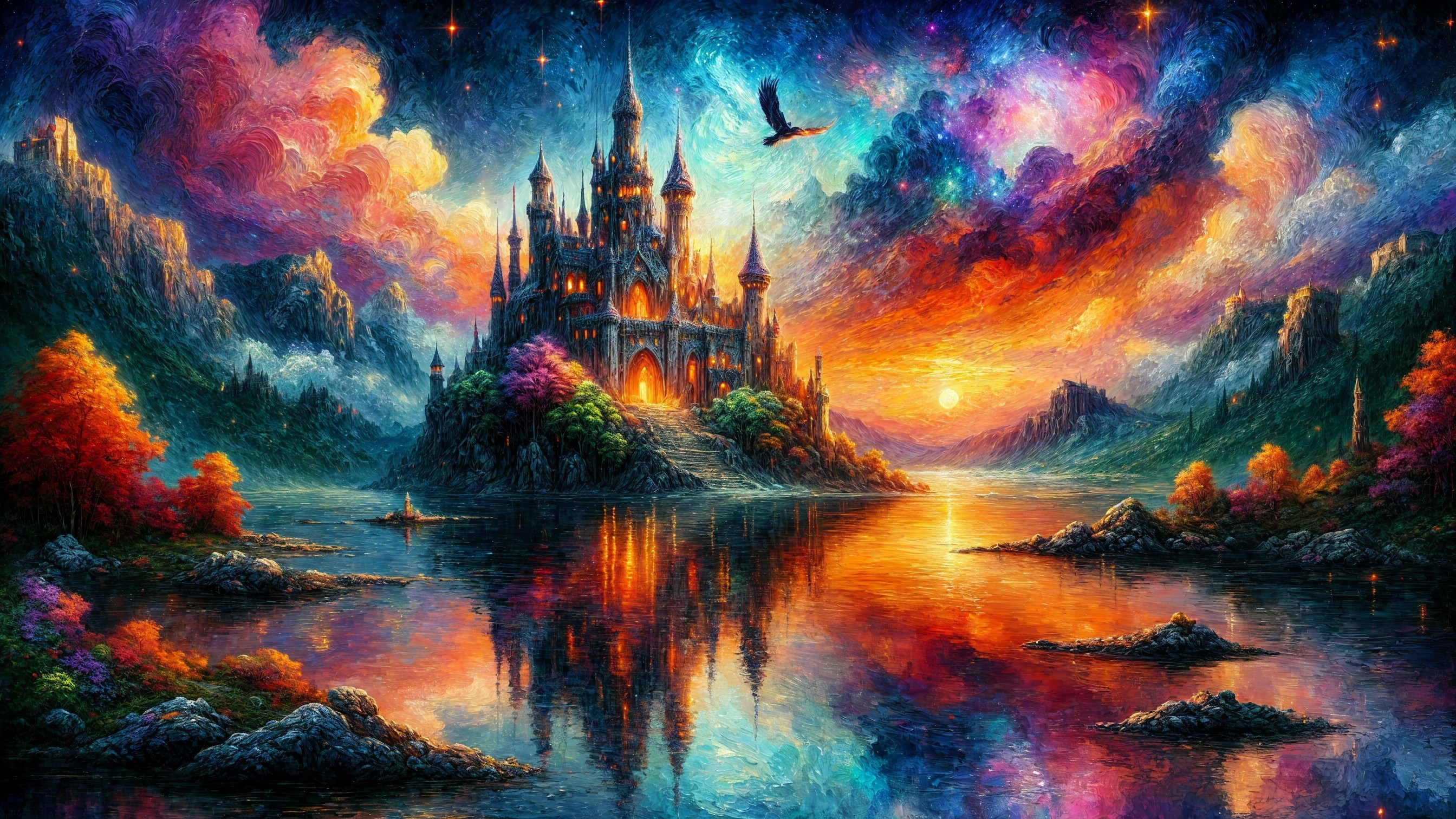 Majestic Castle on Rocky Island with Vibrant Landscape