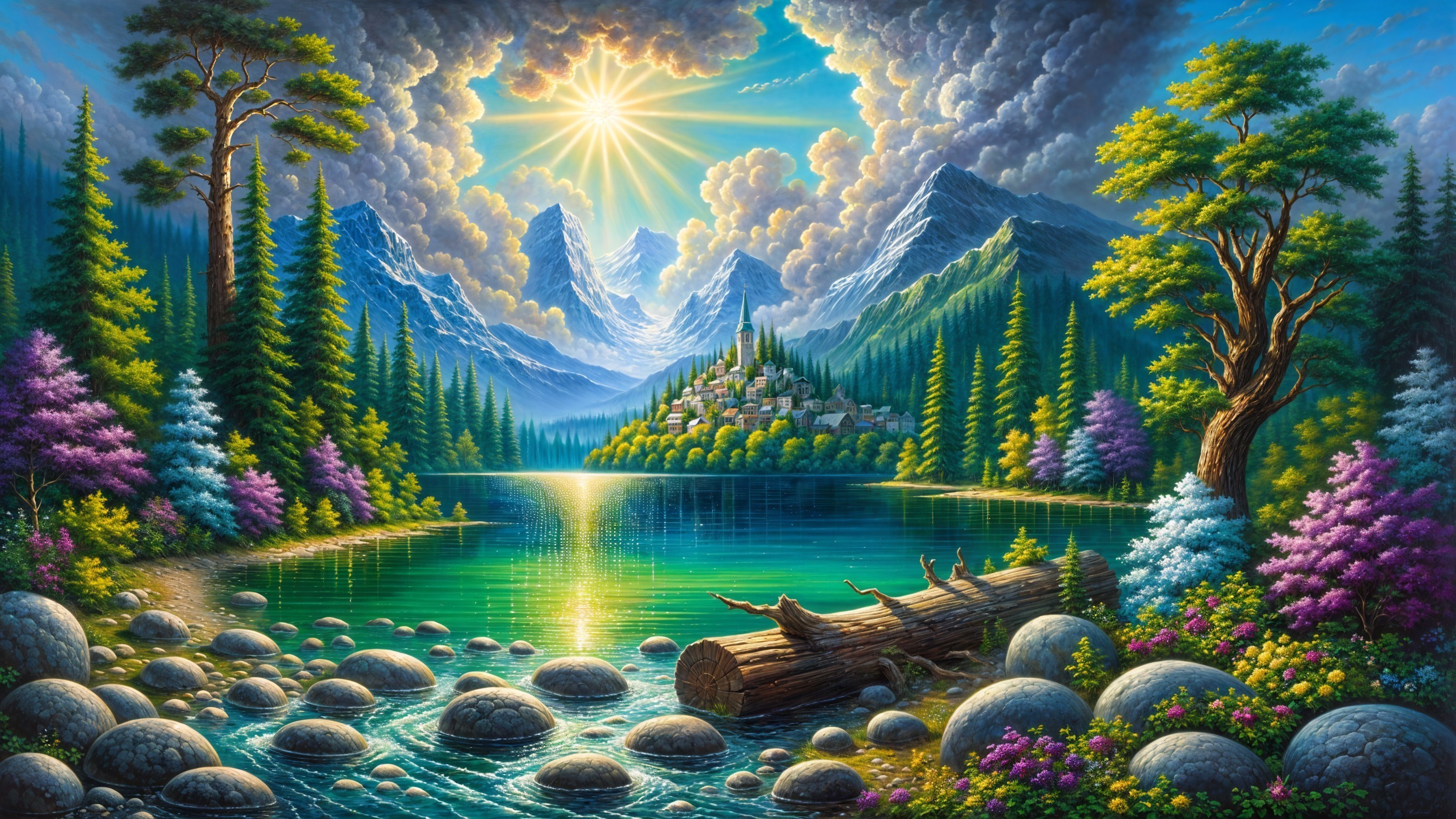 Serene landscape with lake, mountains, and vibrant flora