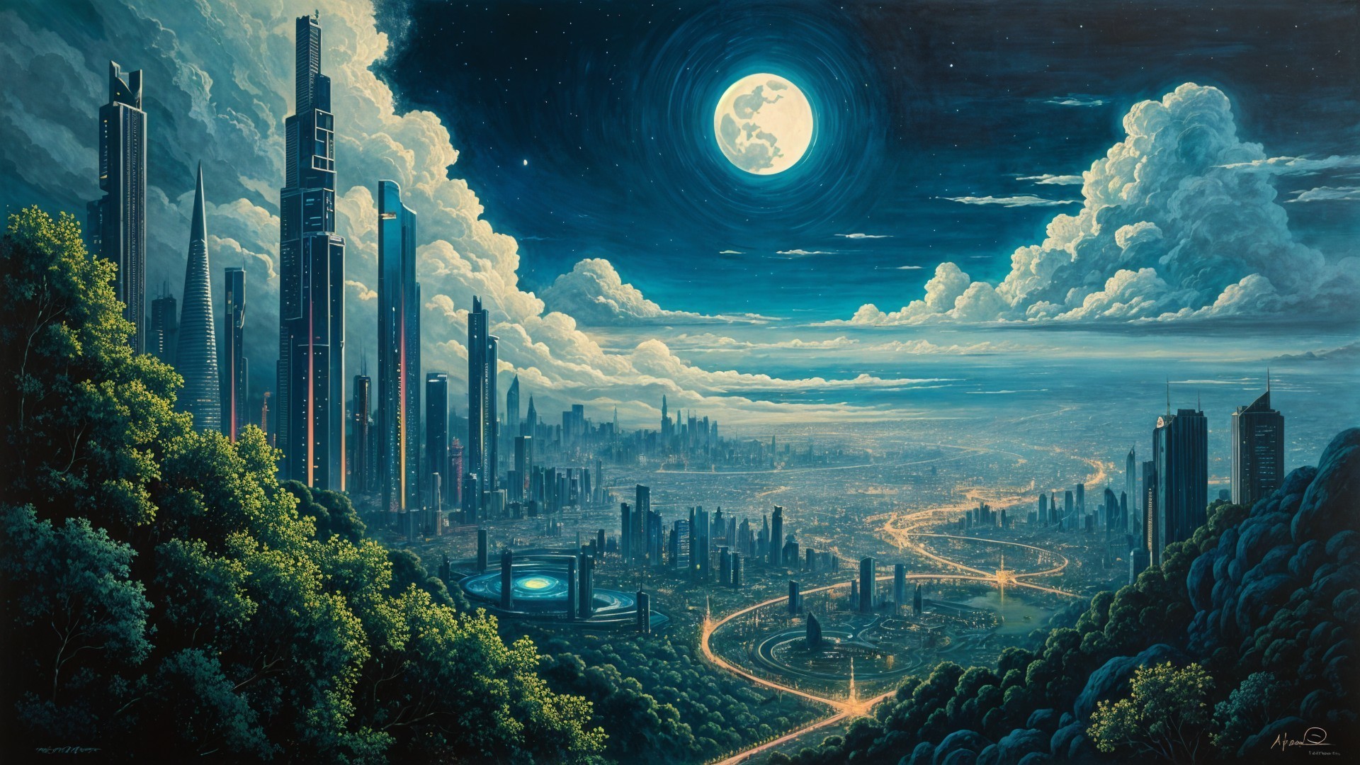 Futuristic cityscape under a glowing full moon