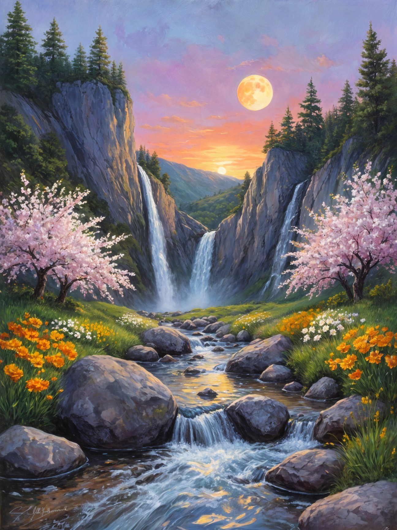 Vibrant Landscape with Waterfalls and Cherry Blossoms