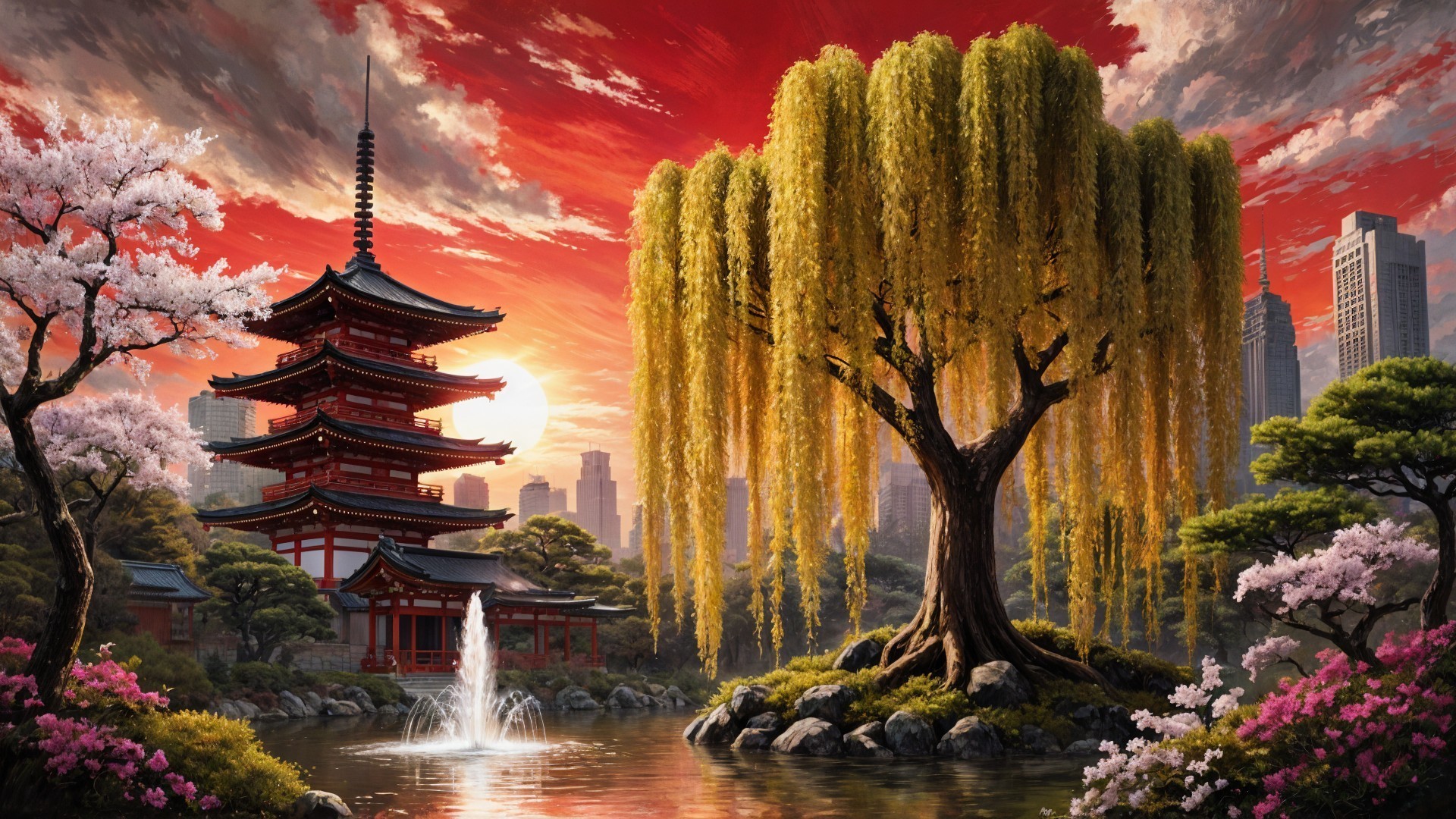 Japanese Pagoda Amid Cherry Trees and Skyscrapers