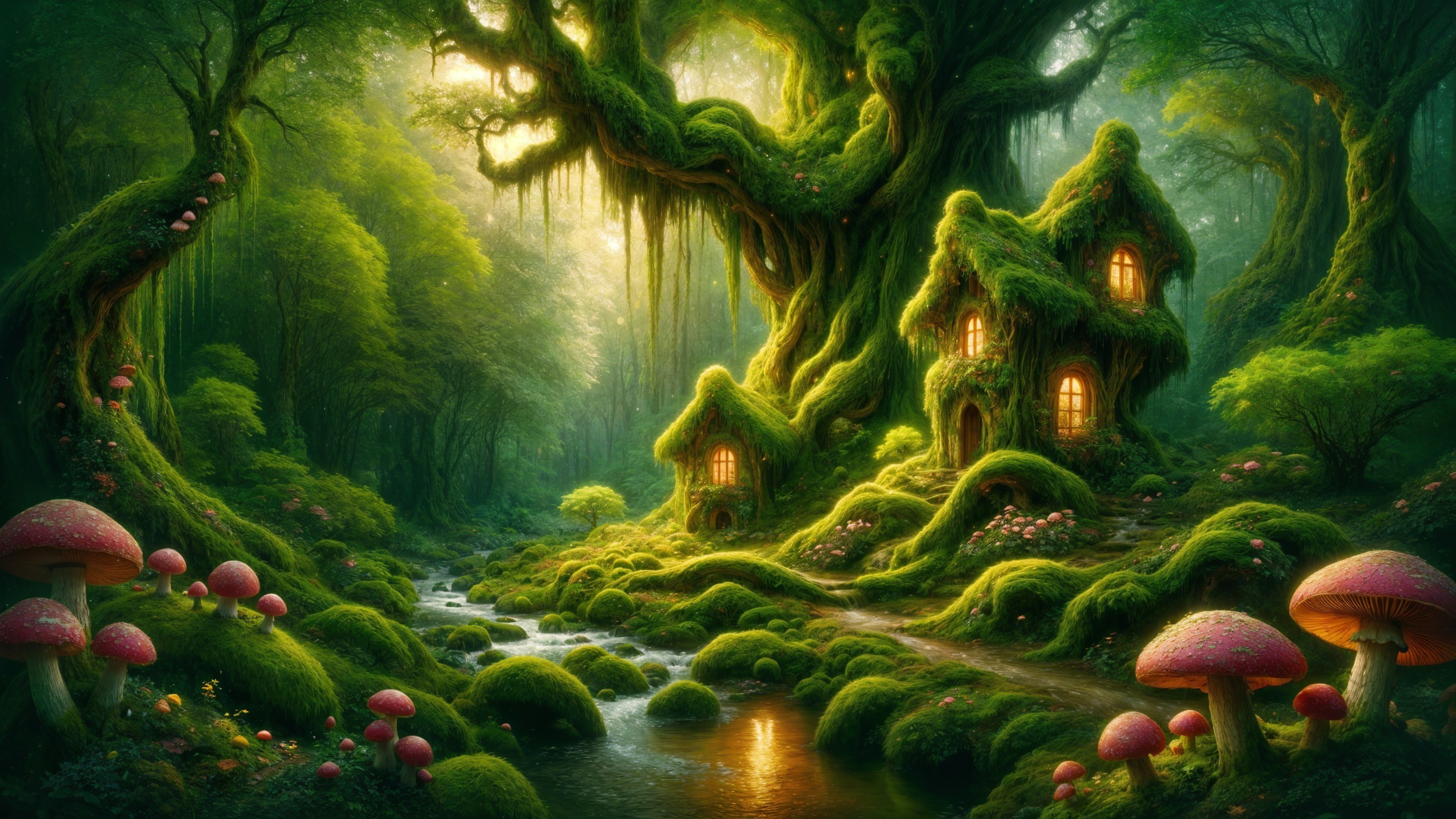 Whimsical forest scene with mossy cottages and mushrooms