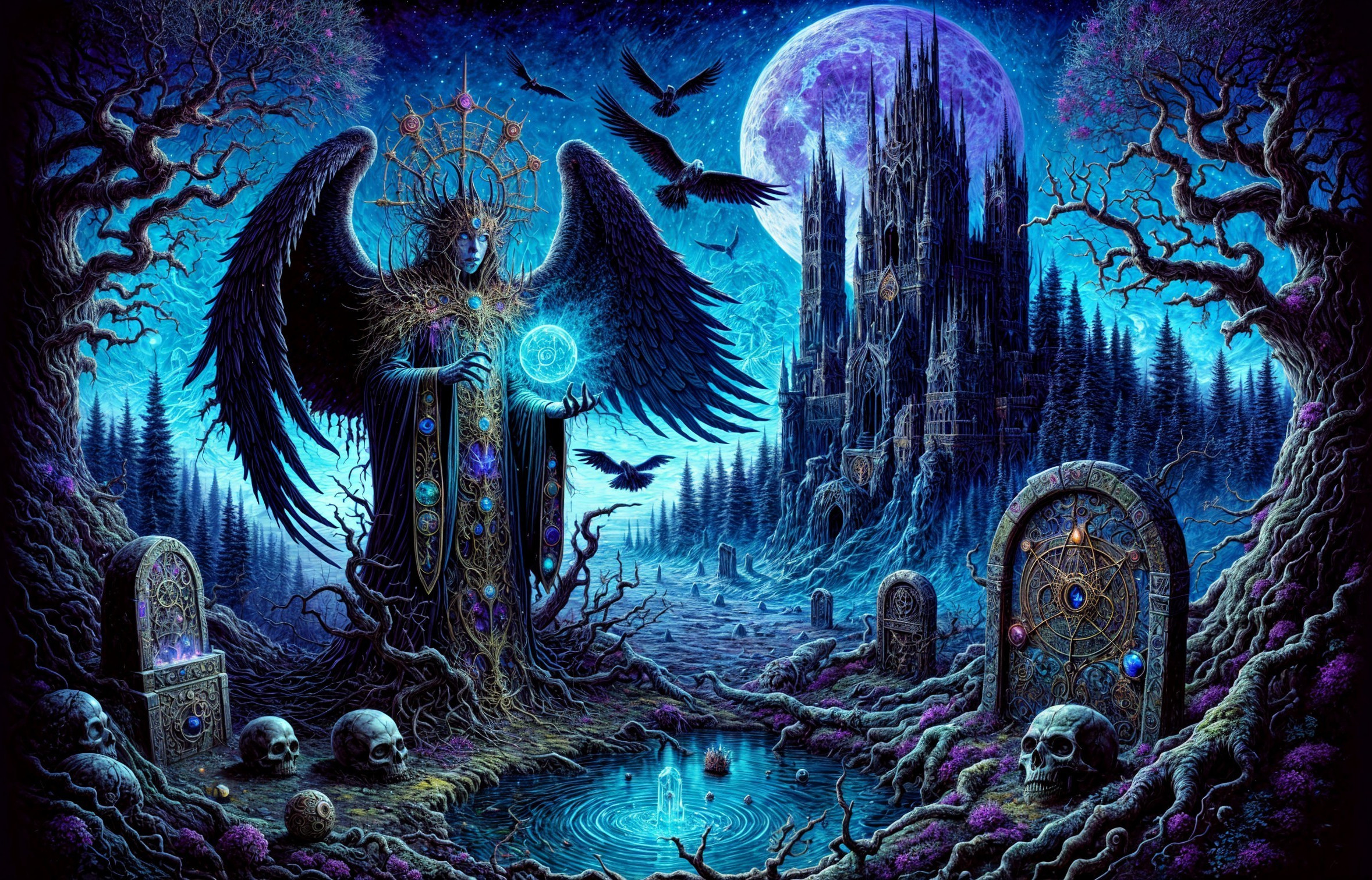 Angelic Figure in Mystical Landscape with Orbs and Castle
