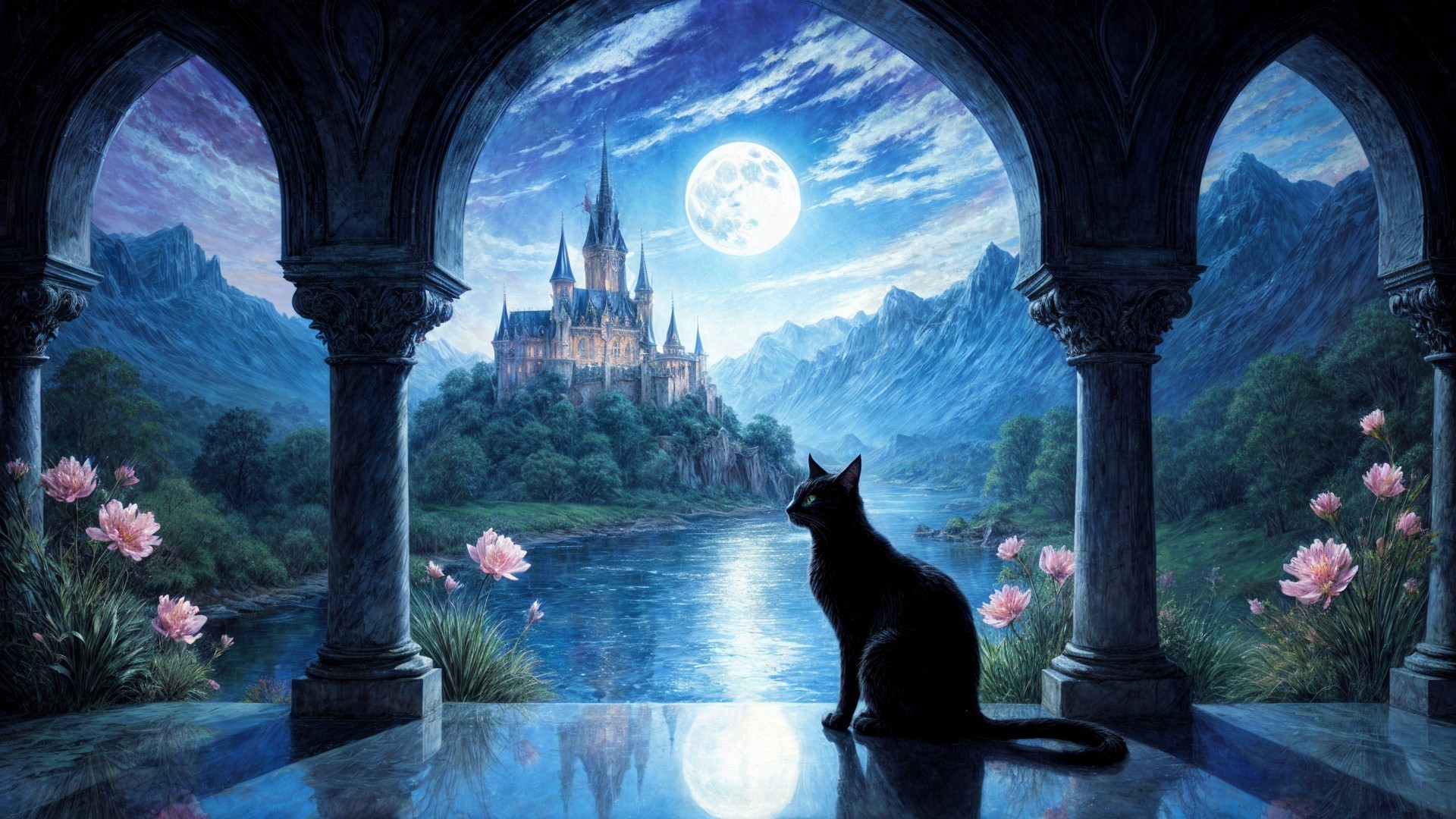 Black Cat in Stone Archway Overlooking Castle Landscape