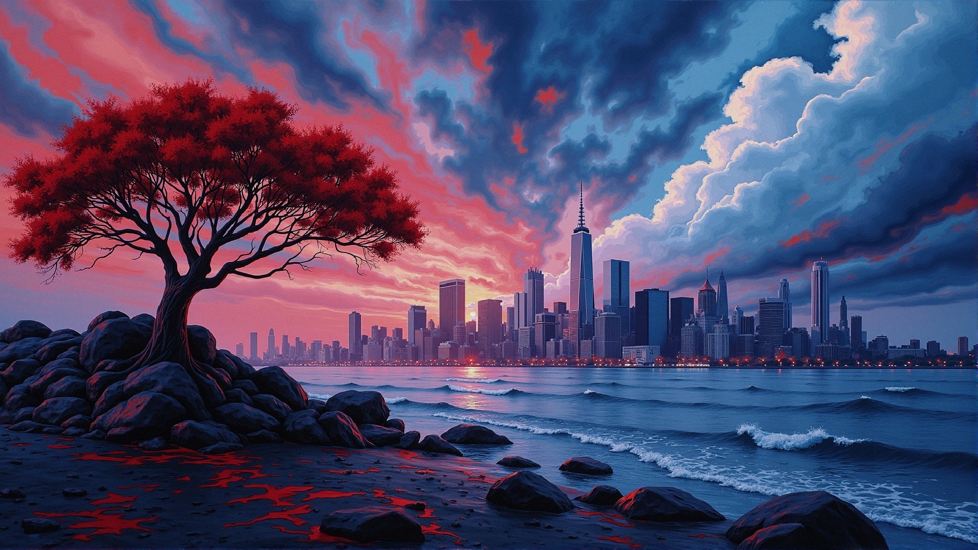 Stylized City Skyline at Dusk with Vibrant Colors