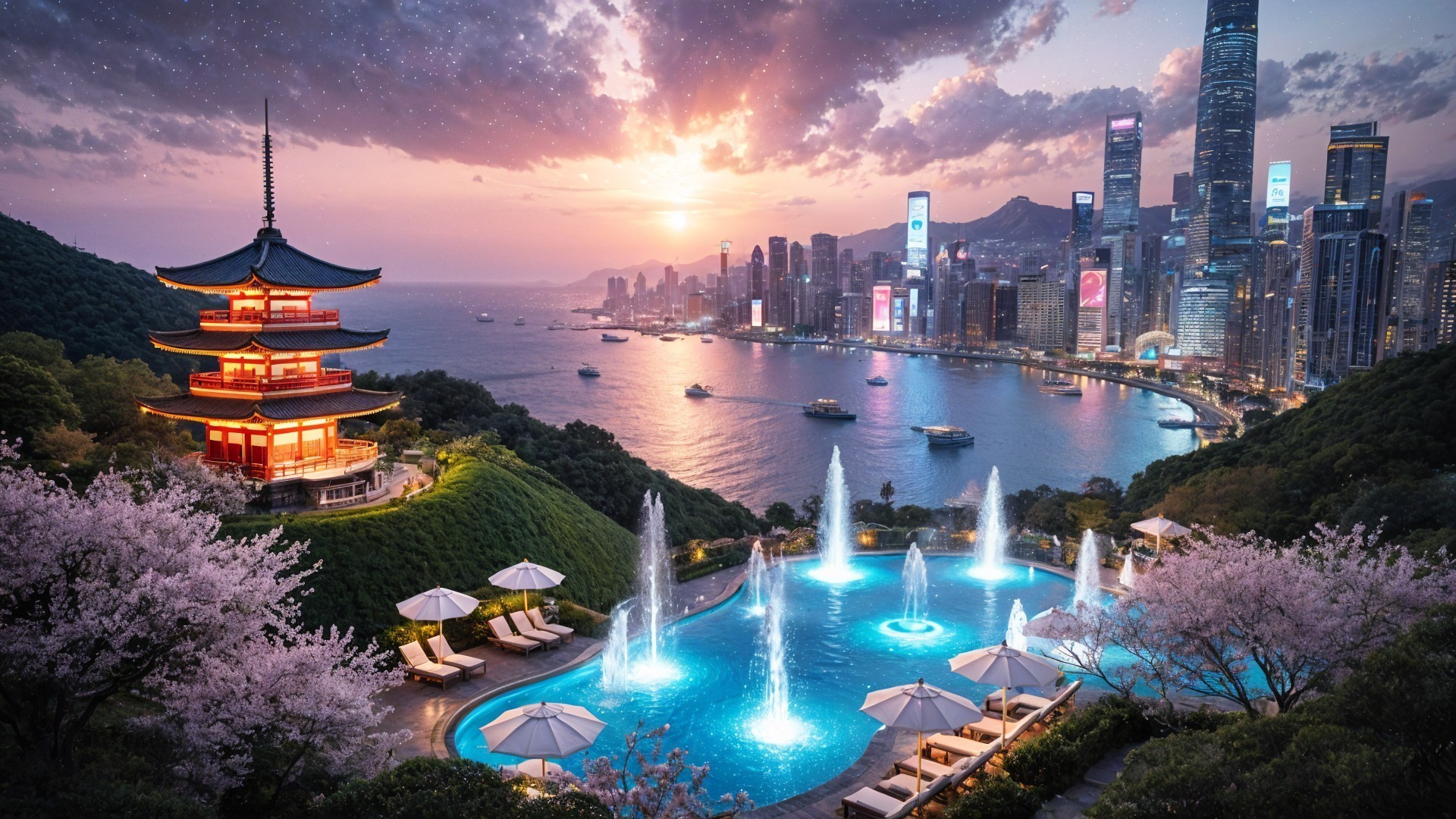 Vibrant City Skyline at Sunset with Pagoda and Pool