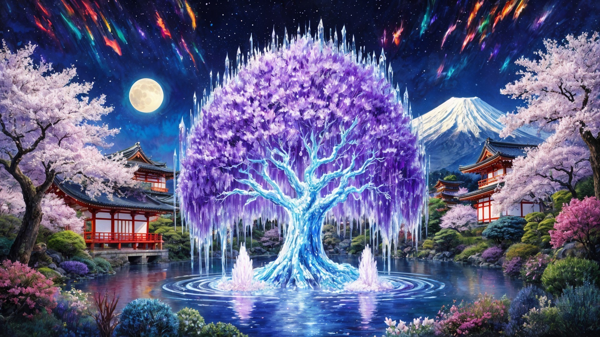 Mystical Scene with Ice-Blue Tree and Cherry Blossoms