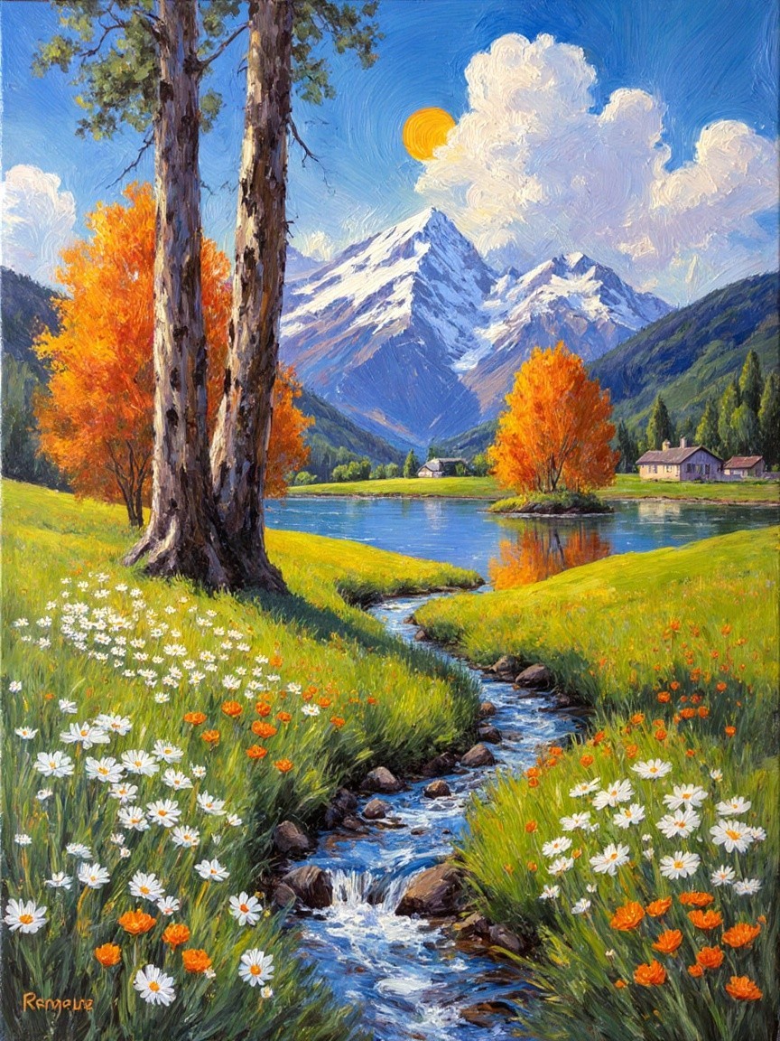 Vibrant Landscape with Mountains, Lake, and Autumn Foliage