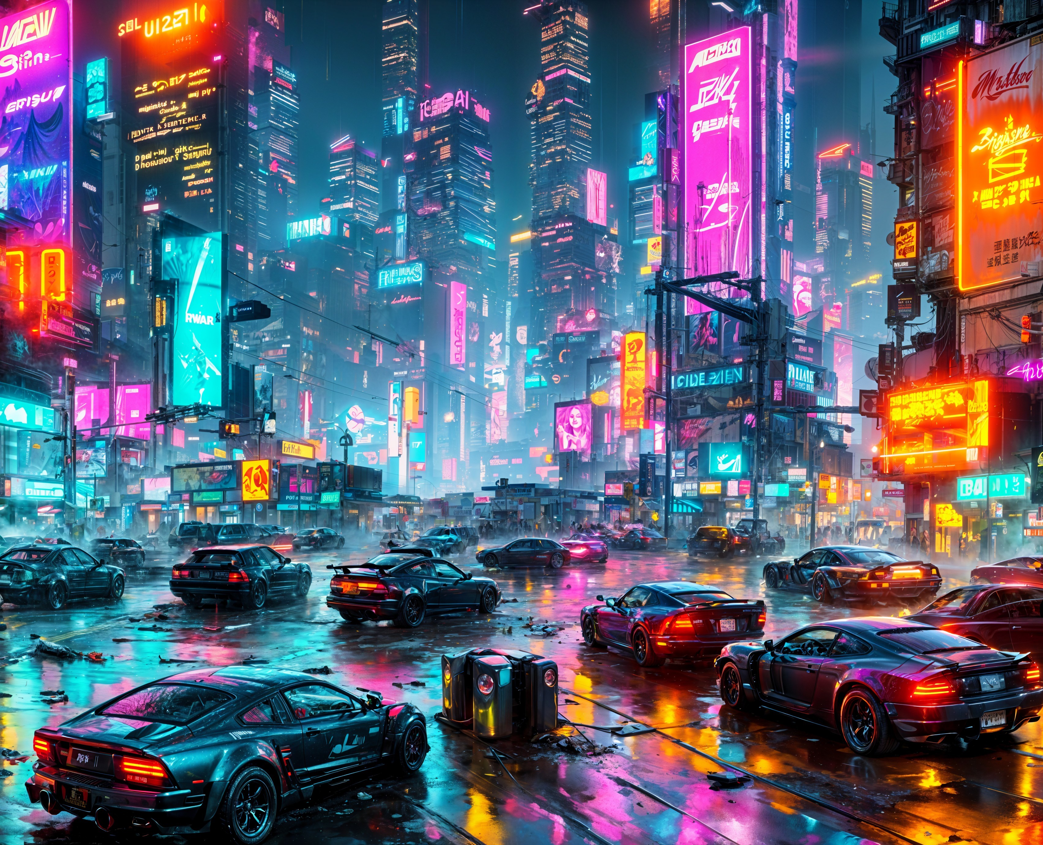 Futuristic Neon Cityscape with Skyscrapers and Cars