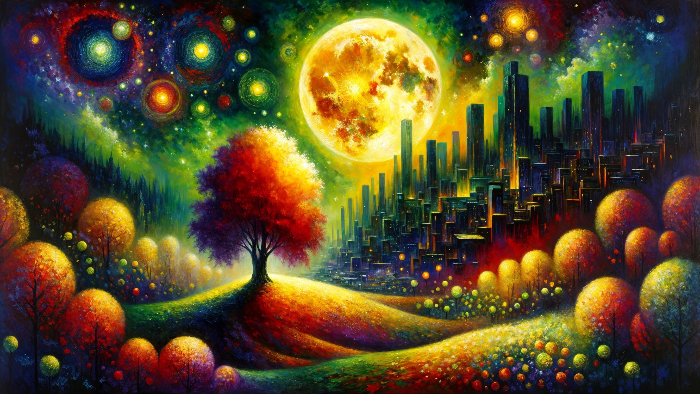 Surreal Landscape with Futuristic City and Bright Moon