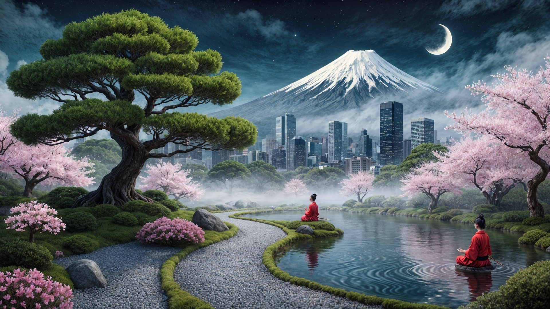 Tranquil Pond with Cherry Blossoms and Mount Fuji