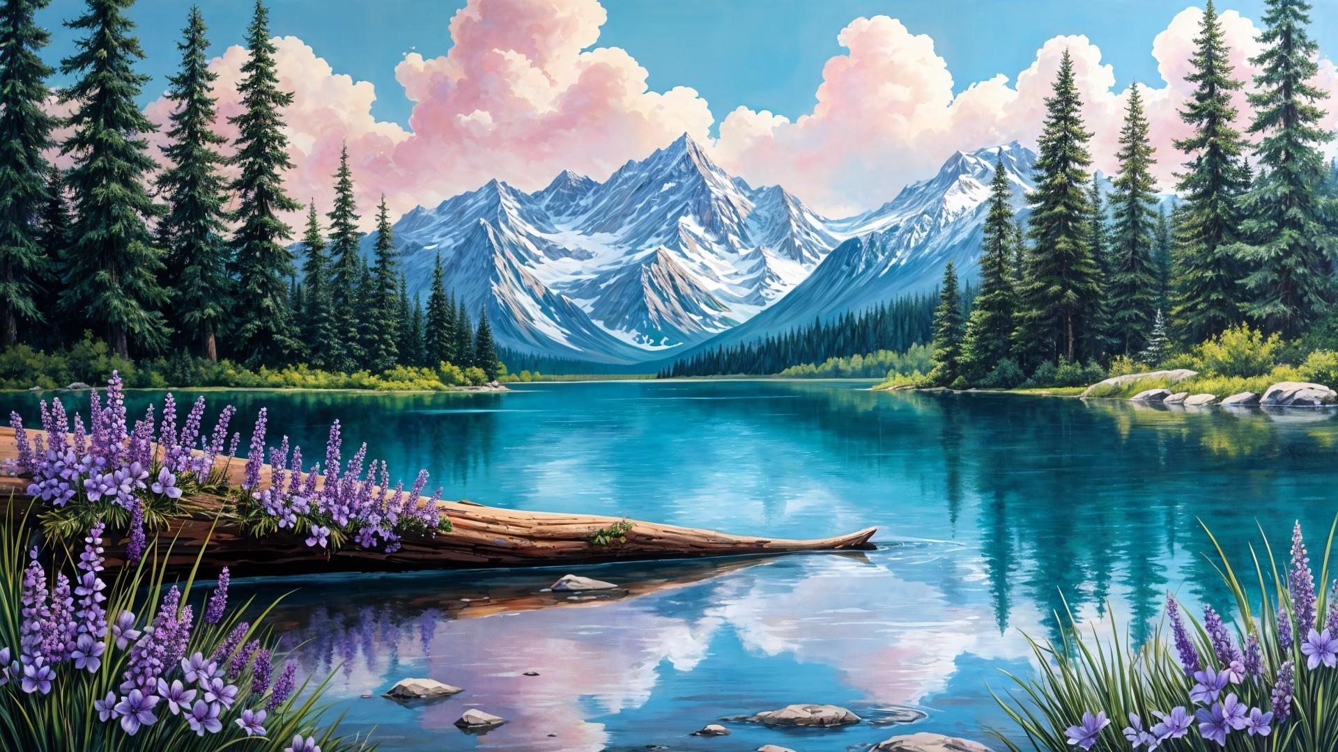 Tranquil Lake Surrounded by Snow-Capped Mountains