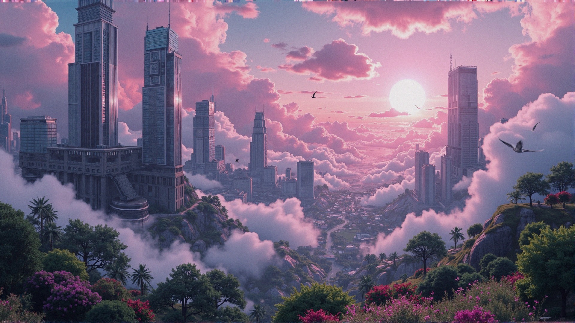 Futuristic cityscape with skyscrapers and sunset clouds