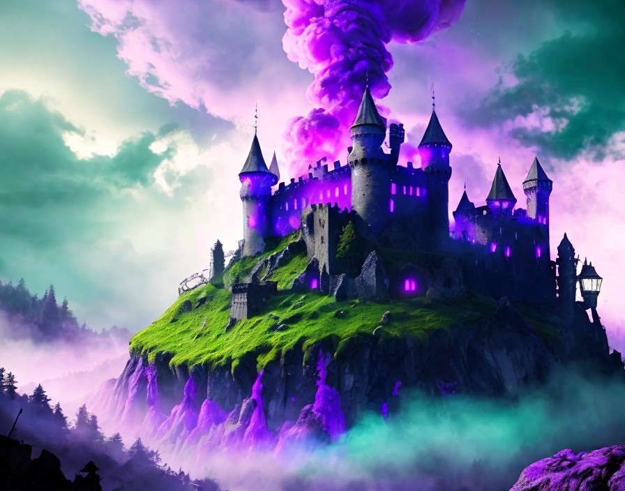 Majestic castle on craggy cliff with glowing purple lights and mysterious smoke