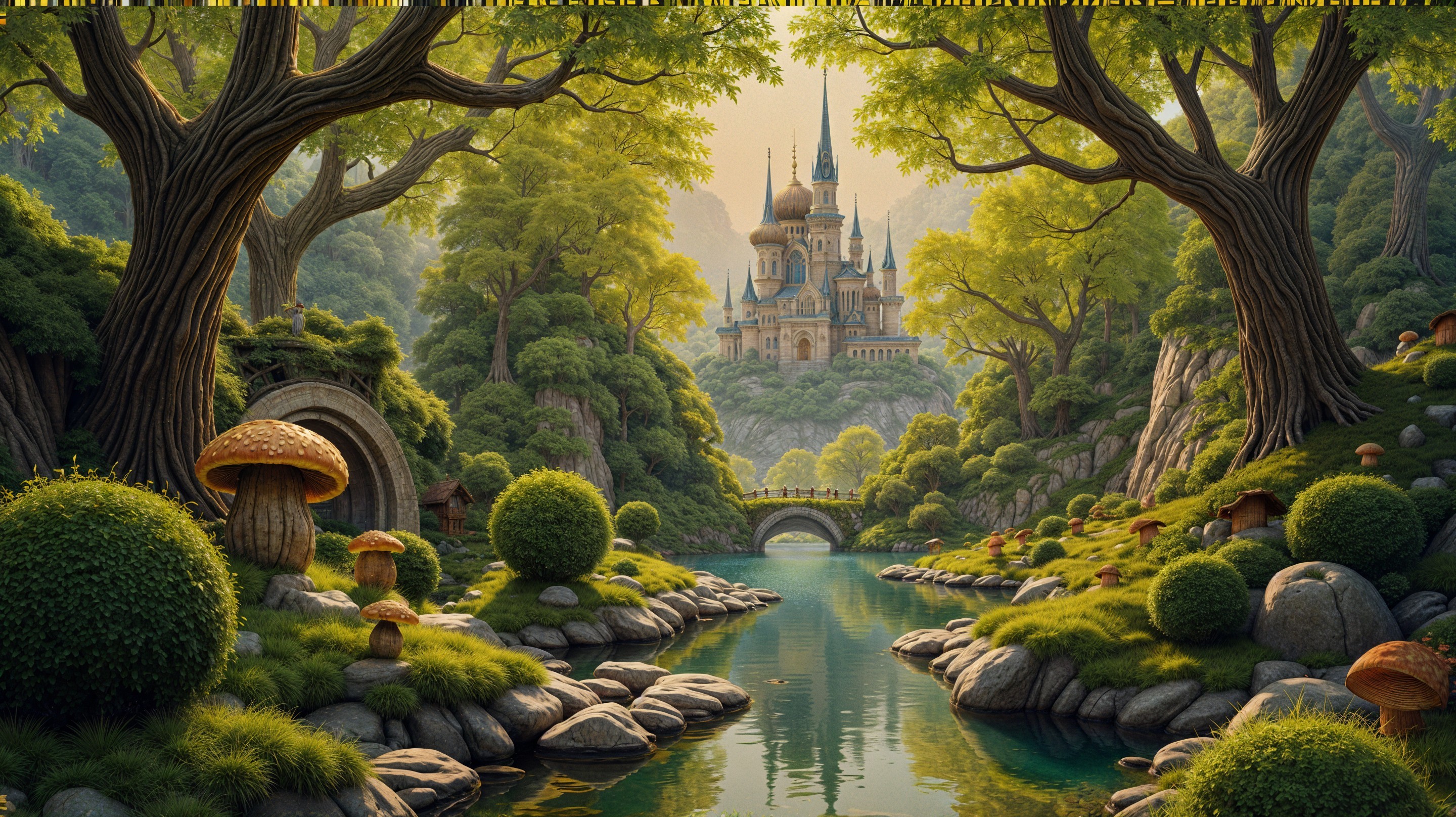 Serene fantasy landscape with river and enchanting castle
