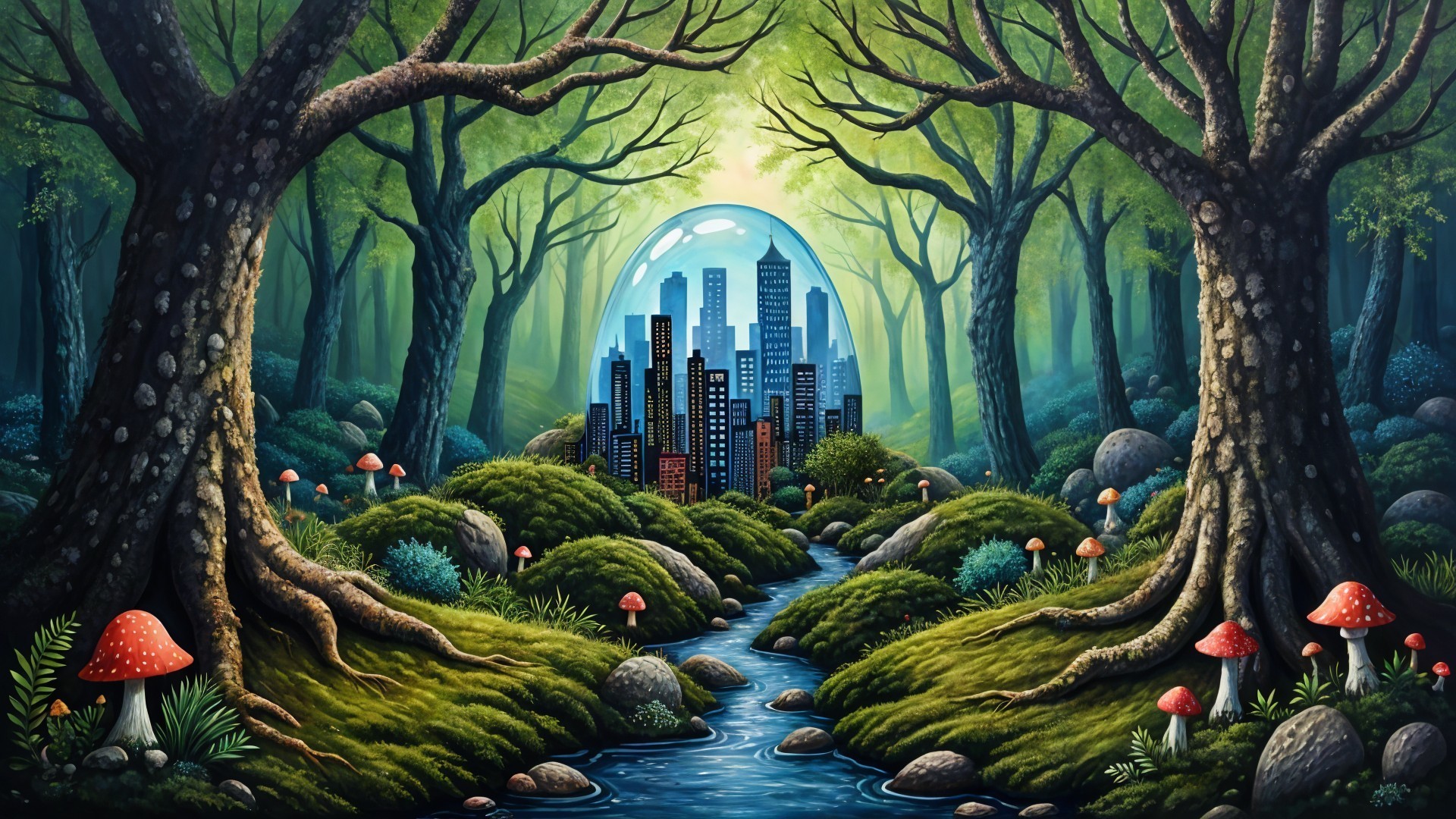 Whimsical Nature and Urban Life Scene with Dome