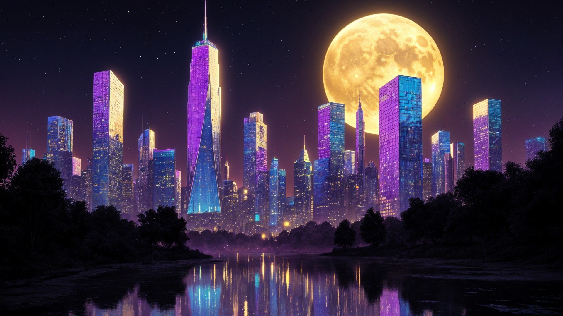 Urban skyline at night with vibrant colors and moonlight