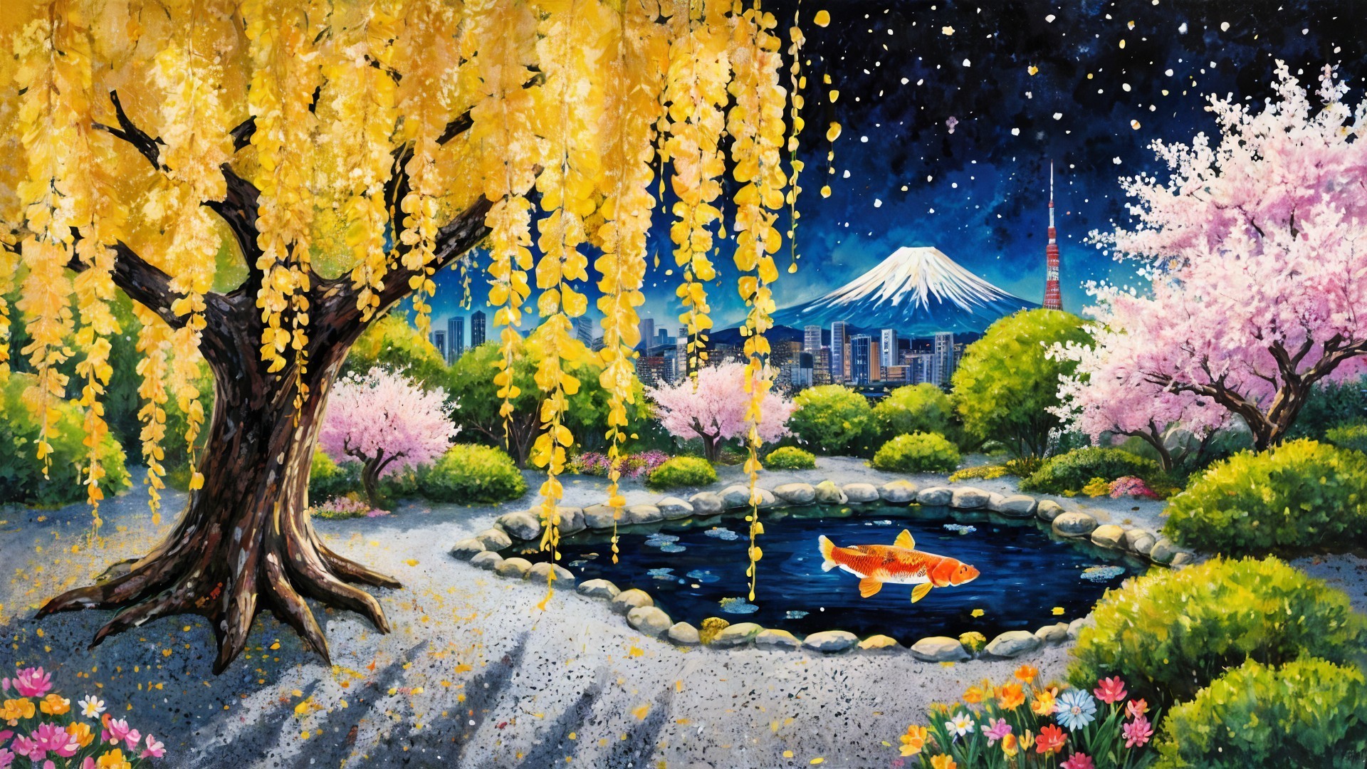 Serene garden with willow tree, cherry blossoms, and pond
