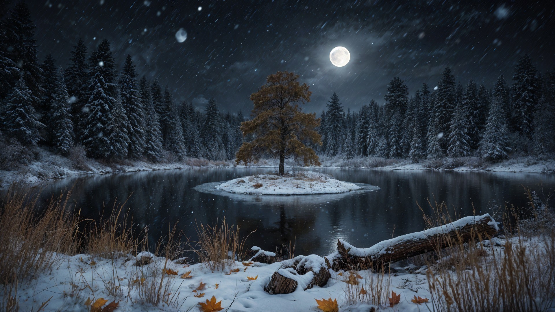 Winter Landscape with Tree, Lake, and Moonlight