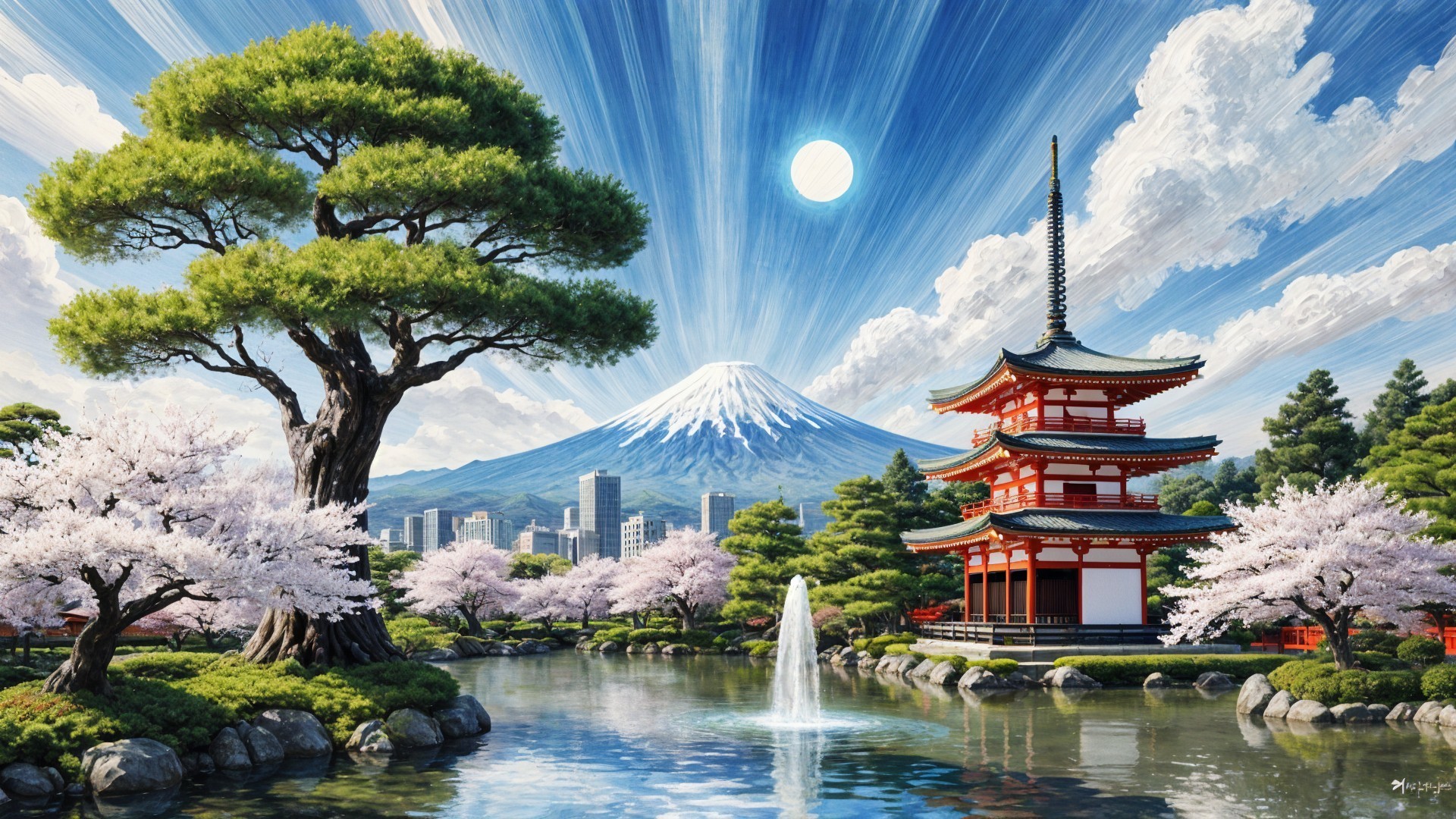 Traditional Japanese Pagoda by Tranquil Pond and Fuji