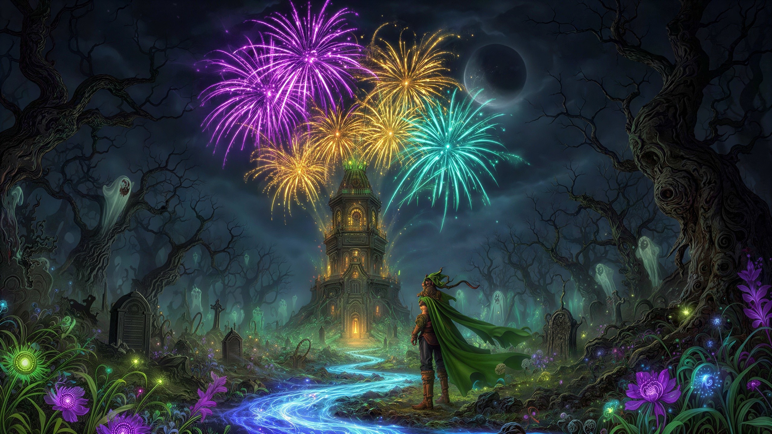 Mysterious Castle Surrounded by Colorful Fireworks