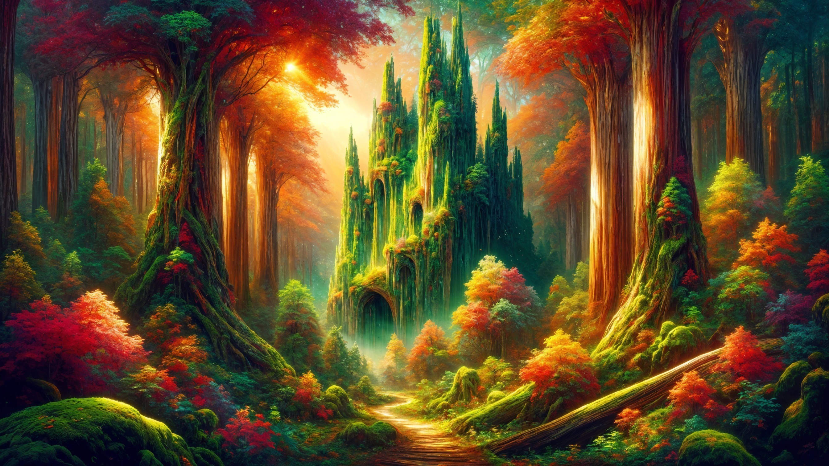 Mystical Forest with Autumn Foliage and Castle