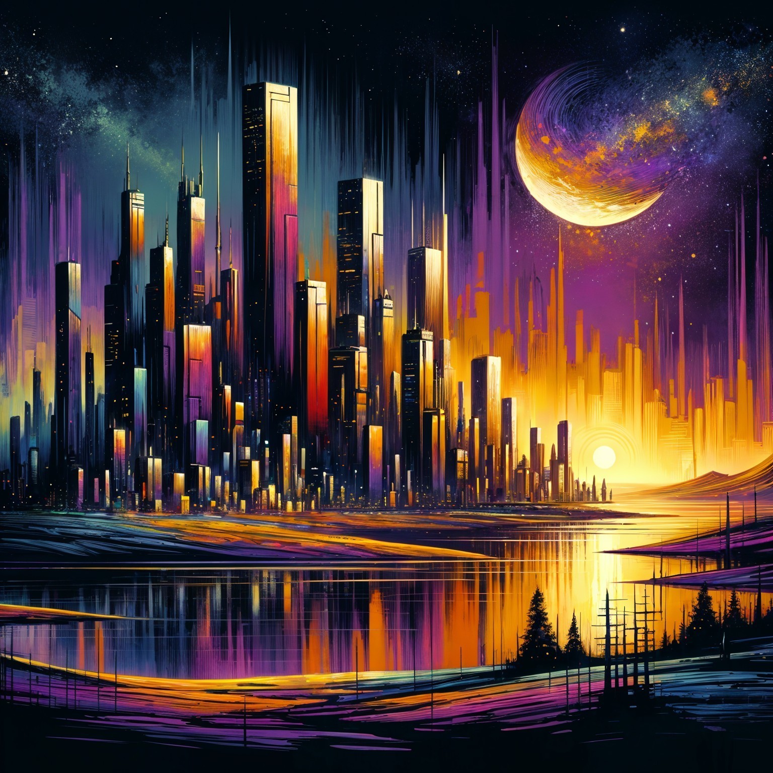 Futuristic Skyline with Neon Colors and Cosmic Sky