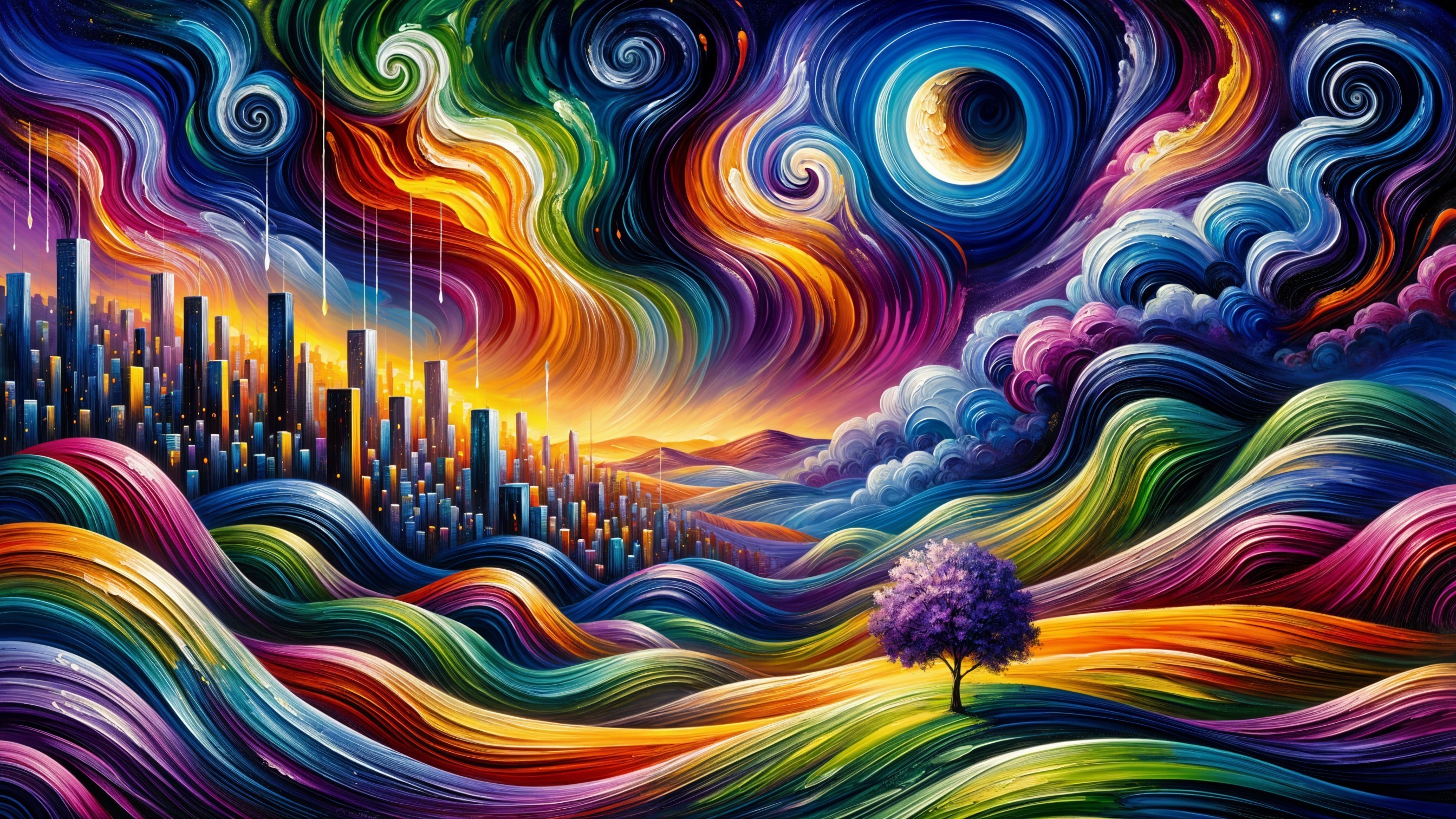 Vibrant Landscape with Colorful Hills and City Skyline